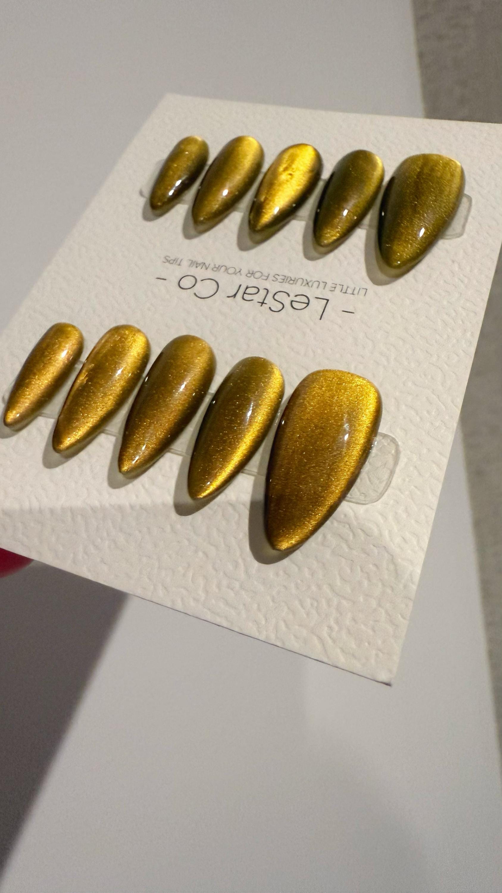 Reusable Molten Gold Cat eye | Nails Premium Press on Nails Gel Manicure Handprint Pressons Handmade | Lestarco faux nails WM1038