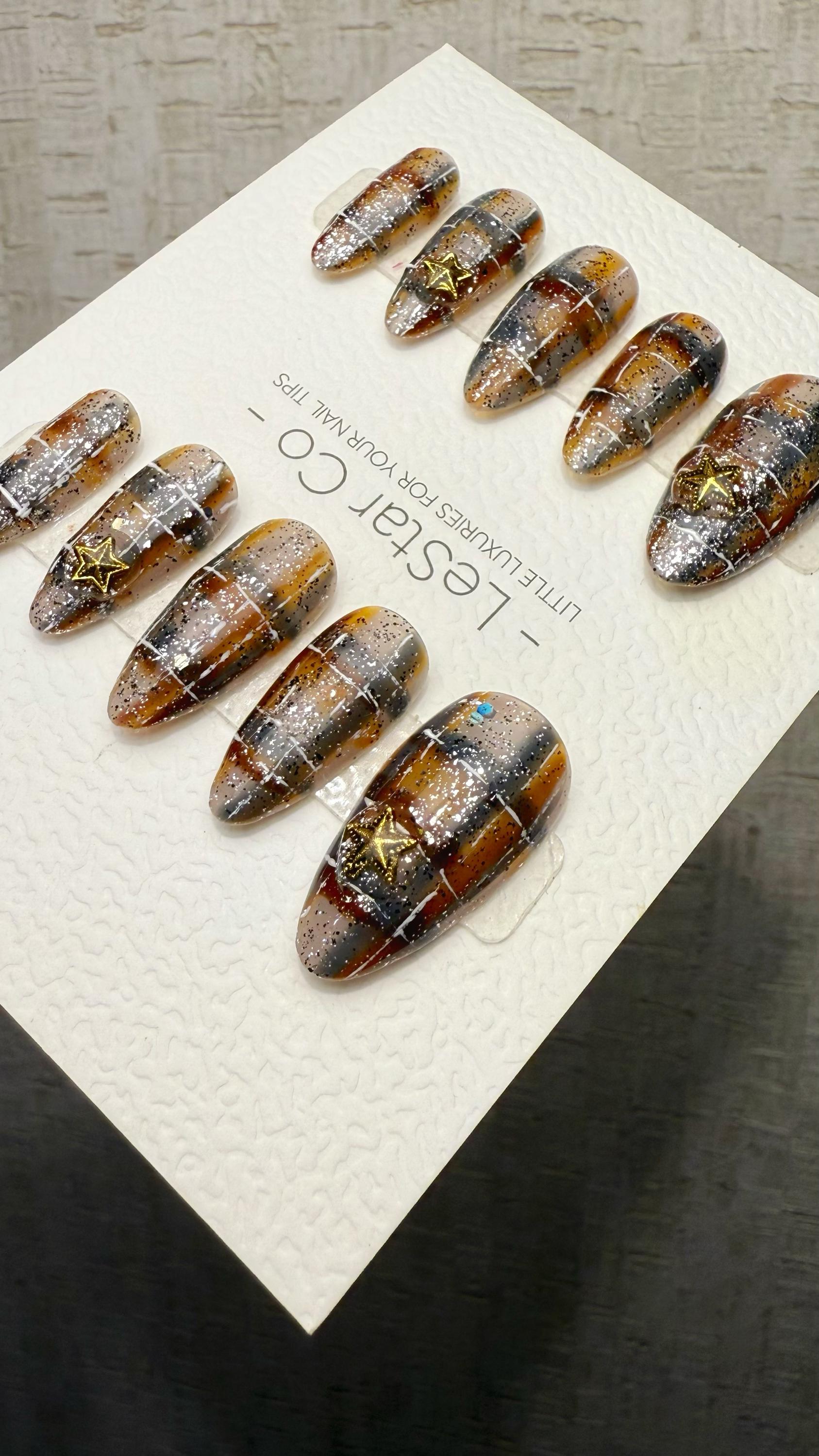 Reusable Caramel Constellation | Premium Handmade Press on Nails Gel | Fake Nails | Cute Fun Colorful Gel Nail Artist faux nails TMR1040