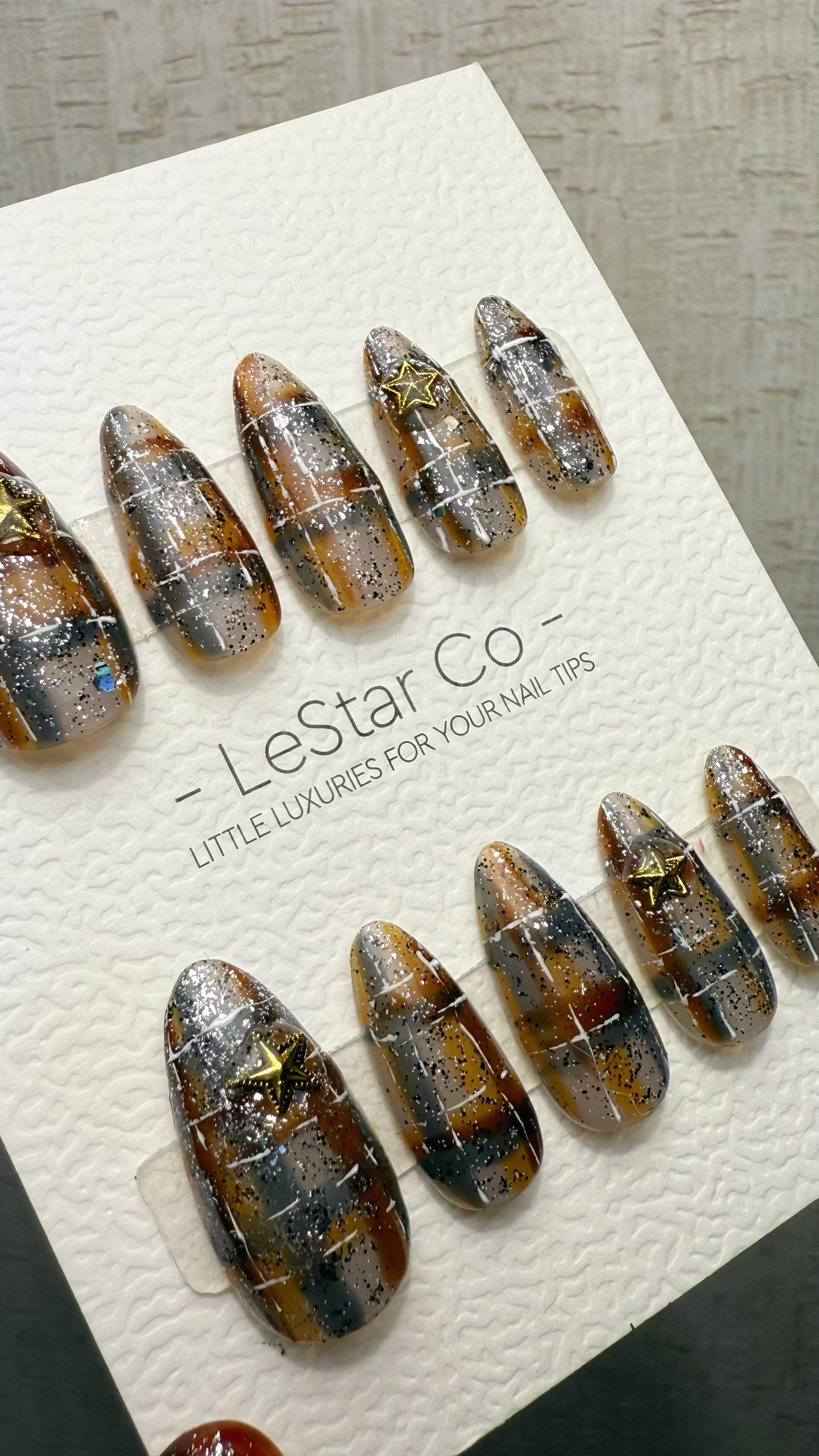 Reusable Caramel Constellation | Premium Handmade Press on Nails Gel | Fake Nails | Cute Fun Colorful Gel Nail Artist faux nails TMR1040