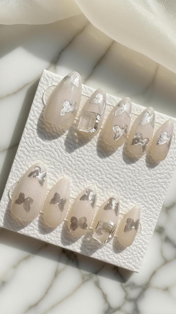 Reusable Silver Butterfly Kiss Premium Press on Nails Gel Manicure Handprint Pressons Handmade | Lestarco faux nails 659ML