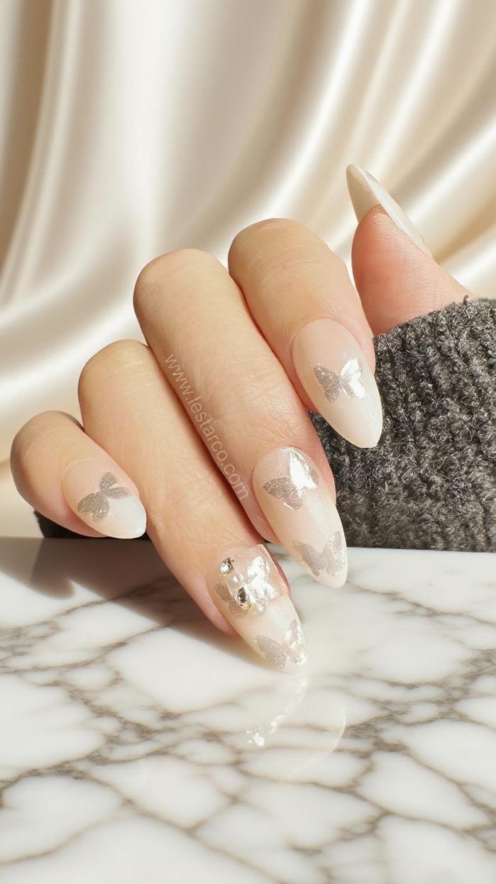Reusable Silver Butterfly Kiss Premium Press on Nails Gel Manicure Handprint Pressons Handmade | Lestarco faux nails 659ML
