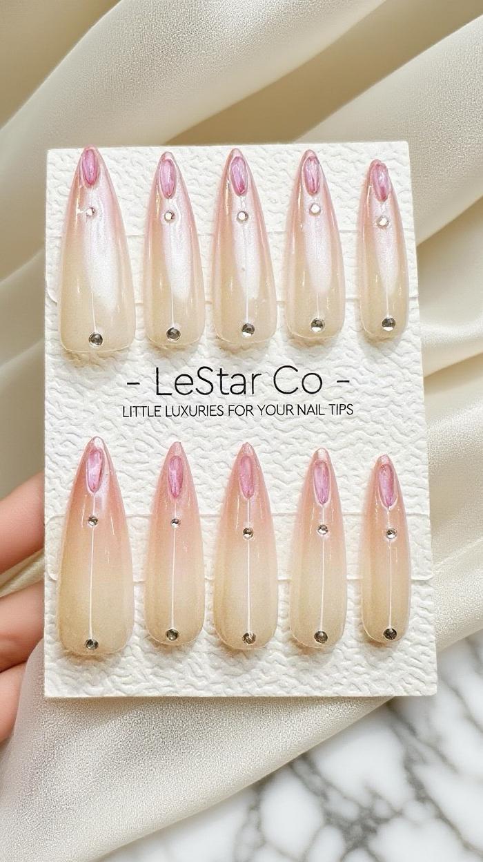 Reusable Rose Quartz Tip Premium Short Press on Nails Gel Manicure Hand Painted Pressons Handmade | Lestarco faux nails 869WM