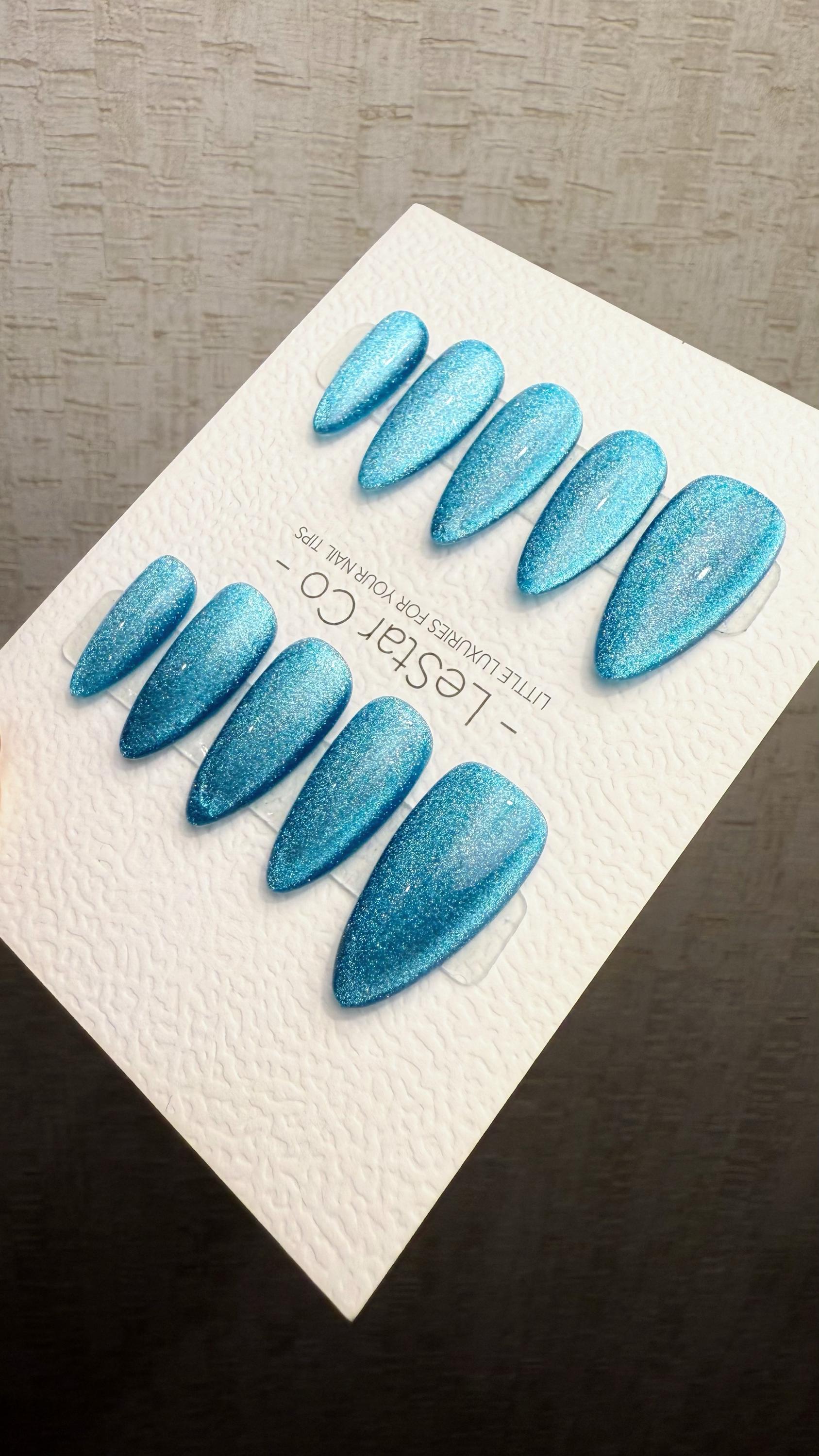 Reusable Icy Lagoon Blue Cat eye | Nails Premium Press on Nails Gel Manicure Handprint Pressons Handmade | Lestarco faux nails WM1035