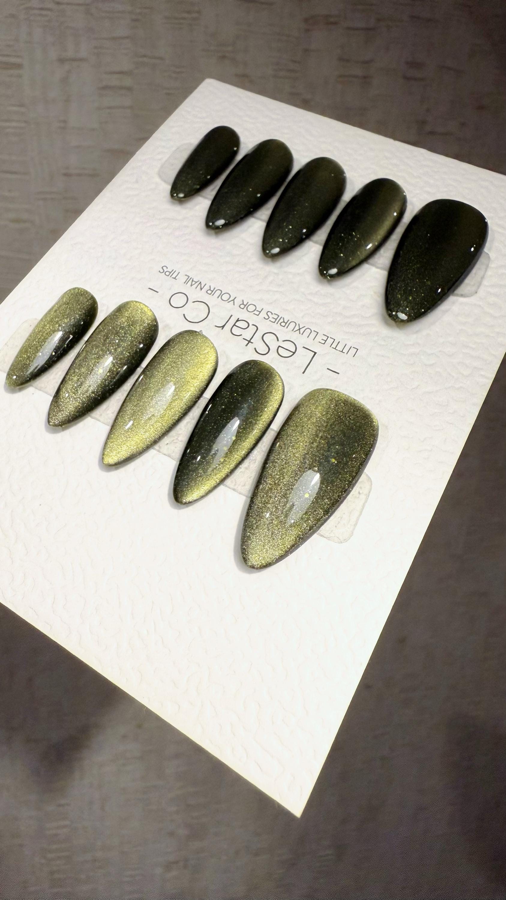 Reusable Venom Dust Olive Green Cat eye | Nails Premium Press on Nails Gel Manicure Handprint Pressons Handmade | Lestarco faux nails WM1037