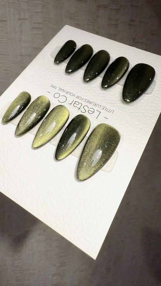 Reusable Venom Dust Olive Green Cat eye | Nails Premium Press on Nails Gel Manicure Handprint Pressons Handmade | Lestarco faux nails WM1037