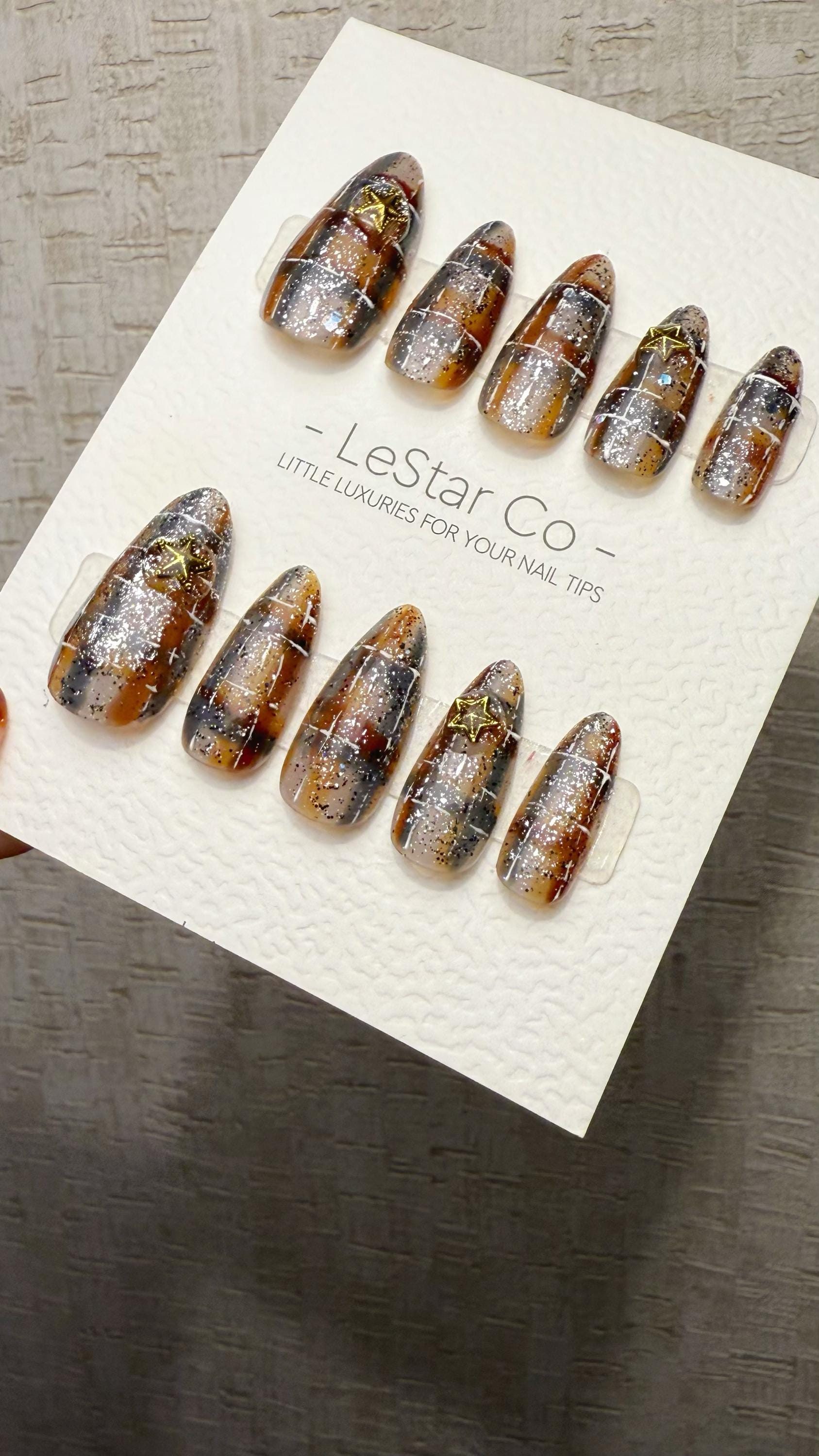 Reusable Caramel Constellation | Premium Handmade Press on Nails Gel | Fake Nails | Cute Fun Colorful Gel Nail Artist faux nails TMR1040