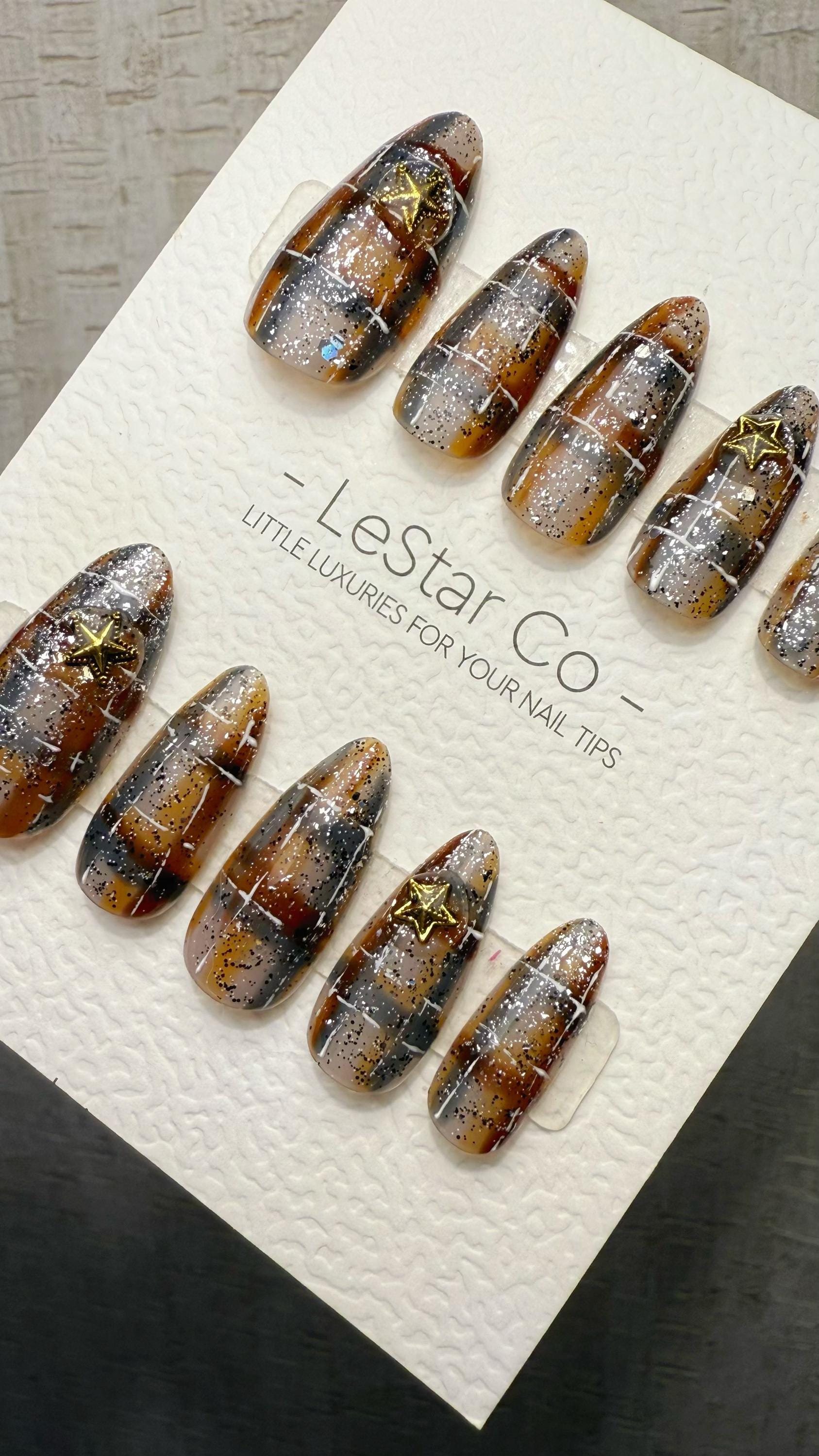 Reusable Caramel Constellation | Premium Handmade Press on Nails Gel | Fake Nails | Cute Fun Colorful Gel Nail Artist faux nails TMR1040