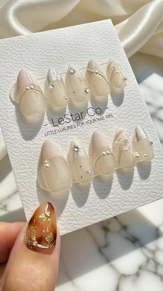 Reusable Elegance Pearl Lace French Tip | Premium Press on Nails Gel | Fake Nails | Cute Fun Colorful Gel Nail Artist faux nails 804ML