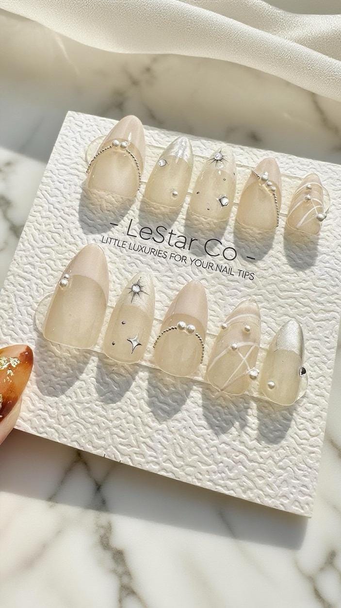 Reusable Elegance Pearl Lace French Tip | Premium Press on Nails Gel | Fake Nails | Cute Fun Colorful Gel Nail Artist faux nails 804ML