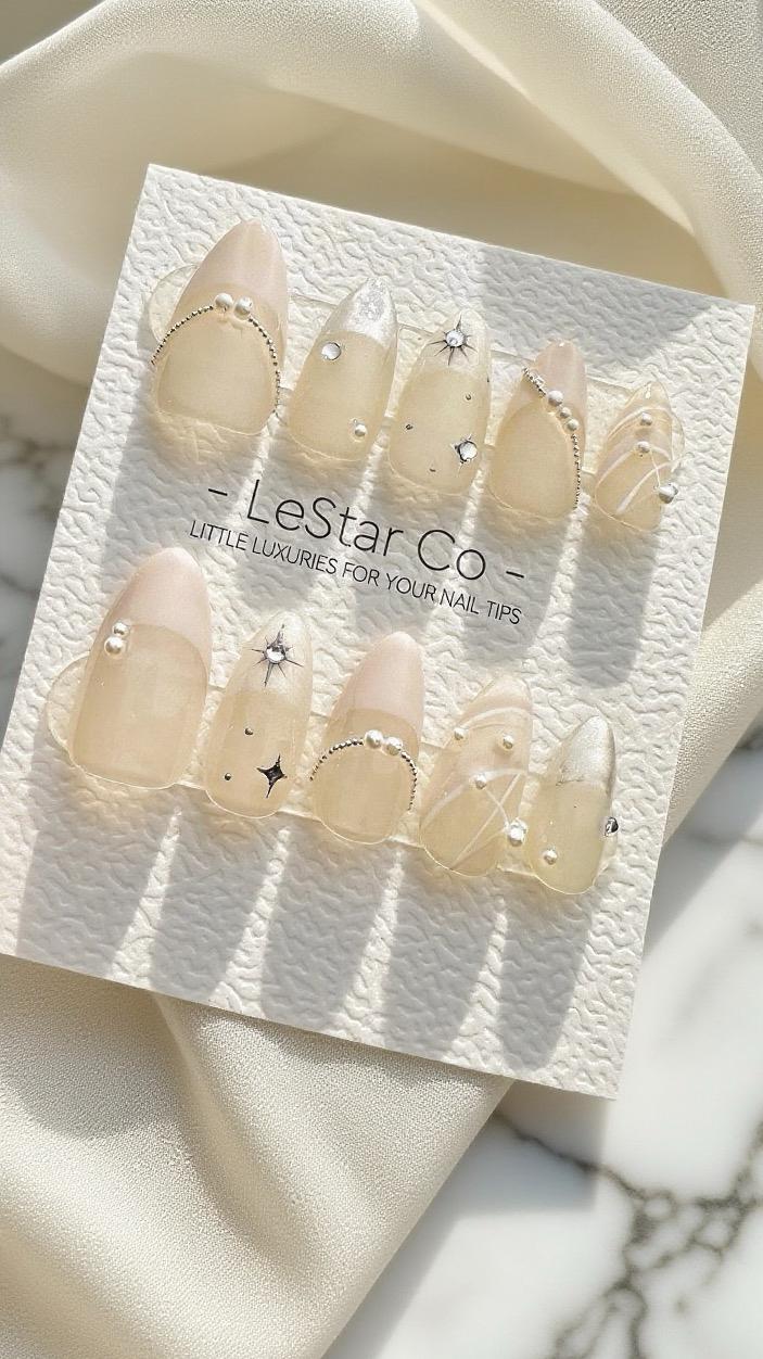 Reusable Elegance Pearl Lace French Tip | Premium Press on Nails Gel | Fake Nails | Cute Fun Colorful Gel Nail Artist faux nails 804ML