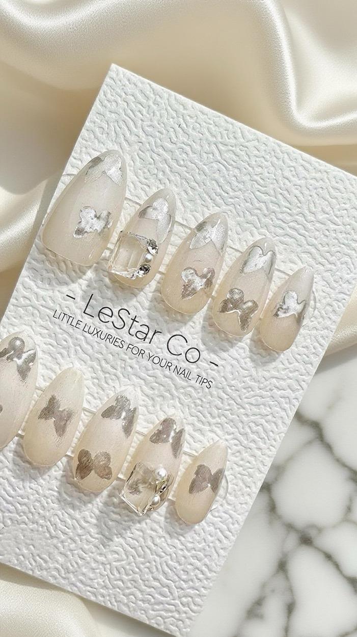 Reusable Silver Butterfly Kiss Premium Press on Nails Gel Manicure Handprint Pressons Handmade | Lestarco faux nails 659ML