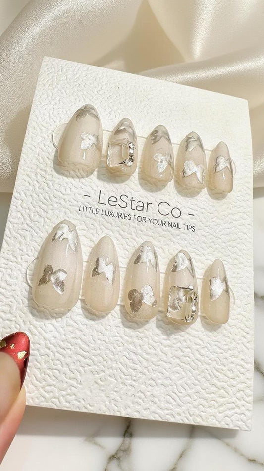 Reusable Silver Butterfly Kiss Premium Press on Nails Gel Manicure Handprint Pressons Handmade | Lestarco faux nails 659ML