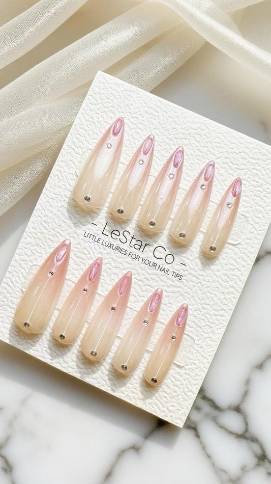 Reusable Rose Quartz Tip Premium Short Press on Nails Gel Manicure Hand Painted Pressons Handmade | Lestarco faux nails 869WM