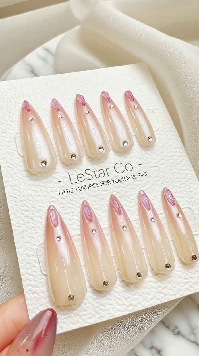 Reusable Rose Quartz Tip Premium Short Press on Nails Gel Manicure Hand Painted Pressons Handmade | Lestarco faux nails 869WM