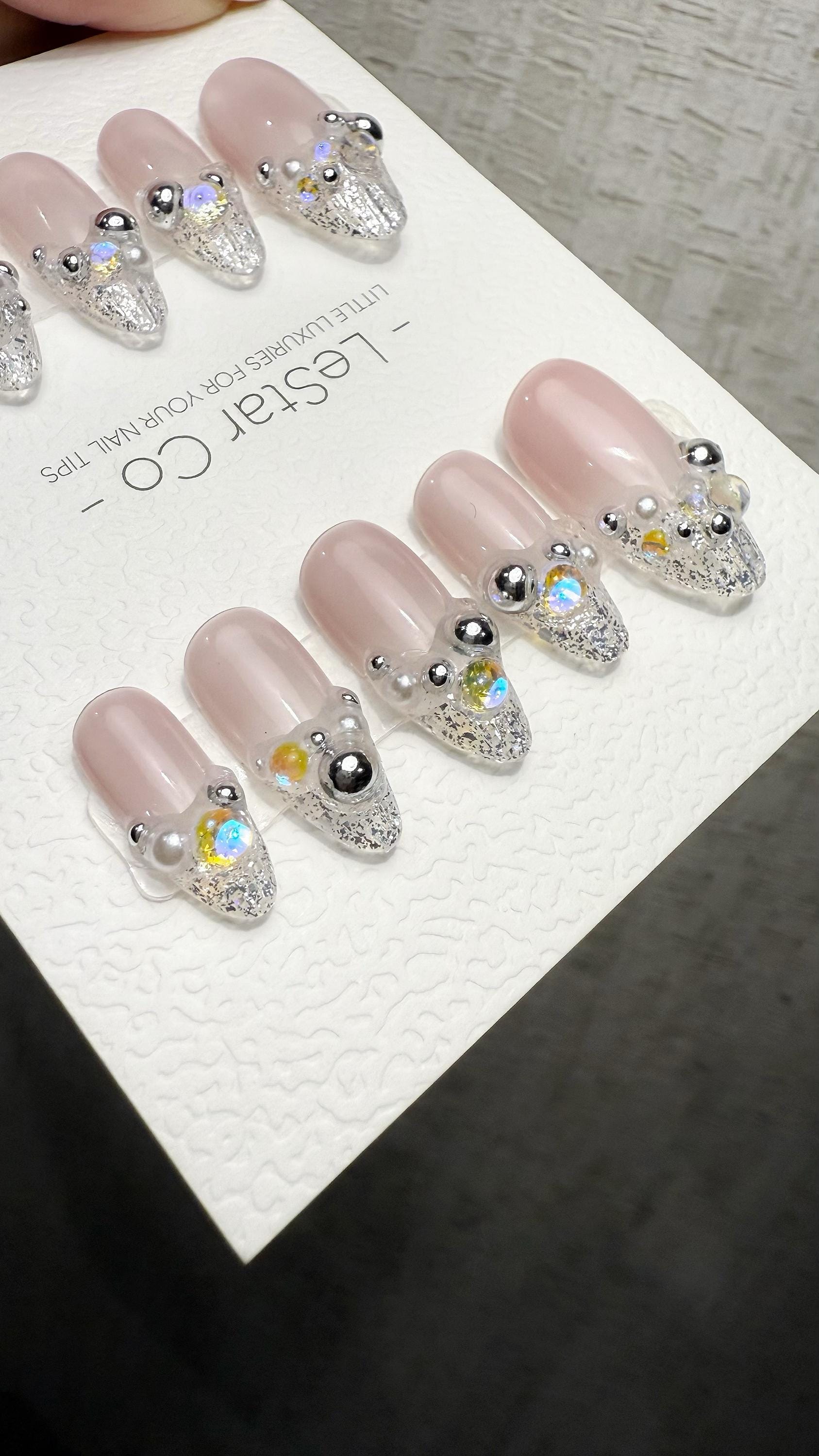 Reusable Starlit Empress French Tip | Premium Handmade Press on Nails Gel | Fake Nails | Cute Fun Colorful Gel Nail Artist faux nails QN1043