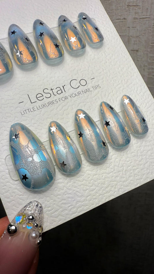 Reusable Lunar Veil Cat Eye Effect | Premium Handmade Press on Nails Gel | Fake Nails | Cute Fun Colorful Gel Nail Artist faux nails ML1044