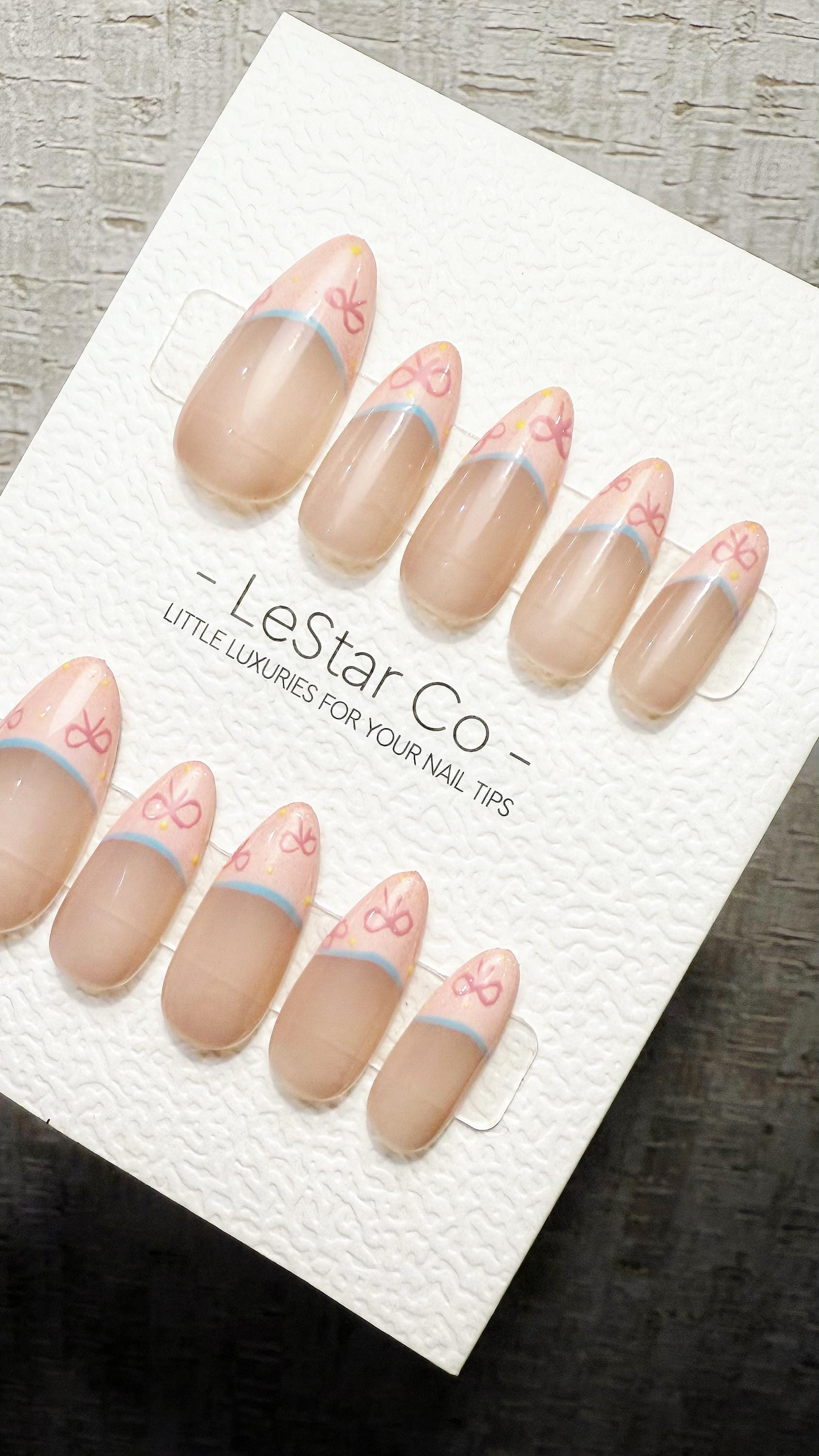 Reusable Peachy Ribbon French Tip Handmade Press On Nails Gel Fake Nails ML1045