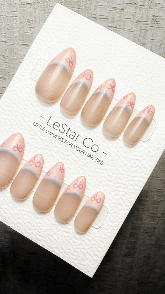Reusable Peachy Ribbon French Tip Handmade Press On Nails Gel Fake Nails ML1045