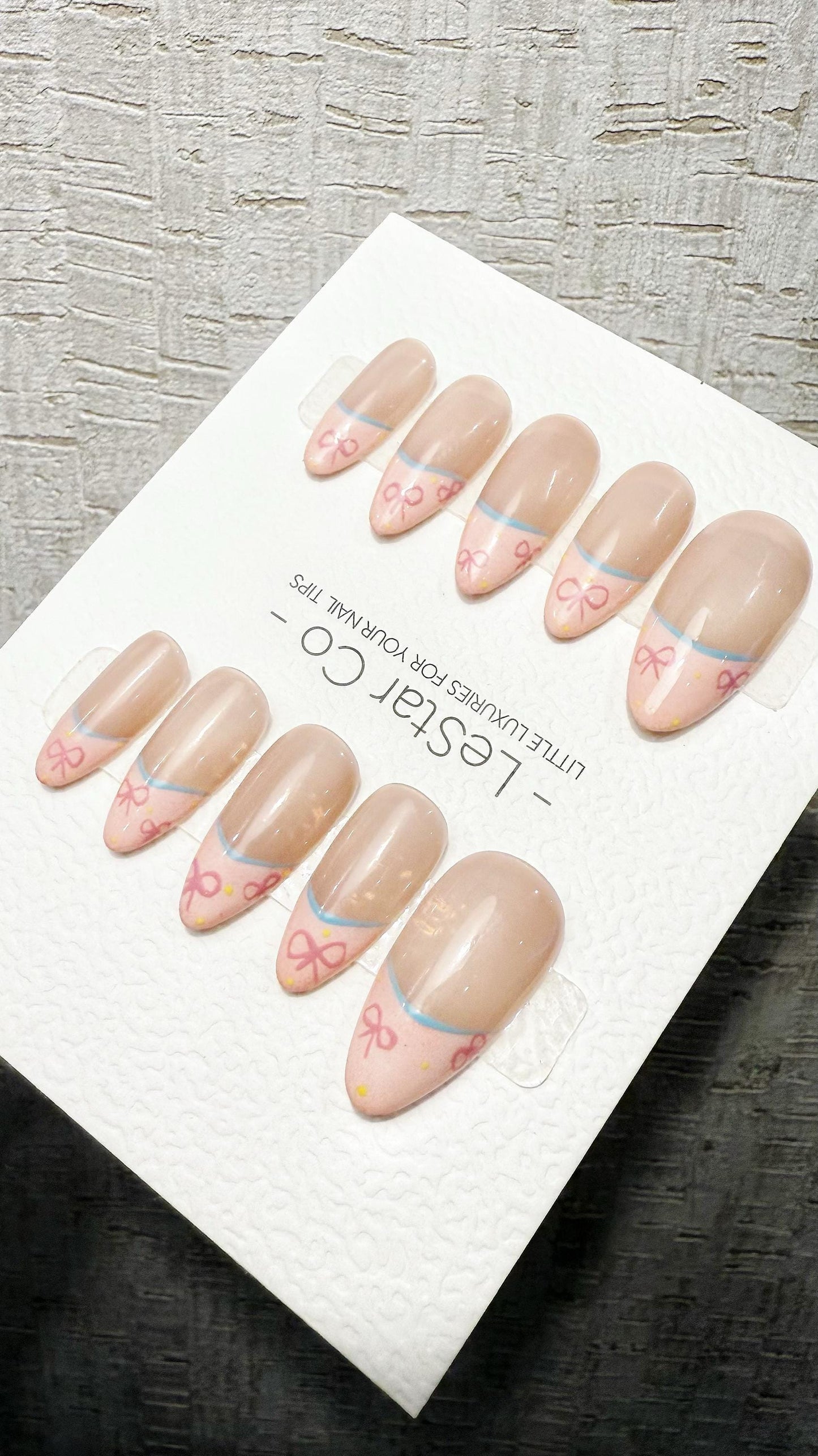 Reusable Peachy Ribbon French Tip Handmade Press On Nails Gel Fake Nails ML1045
