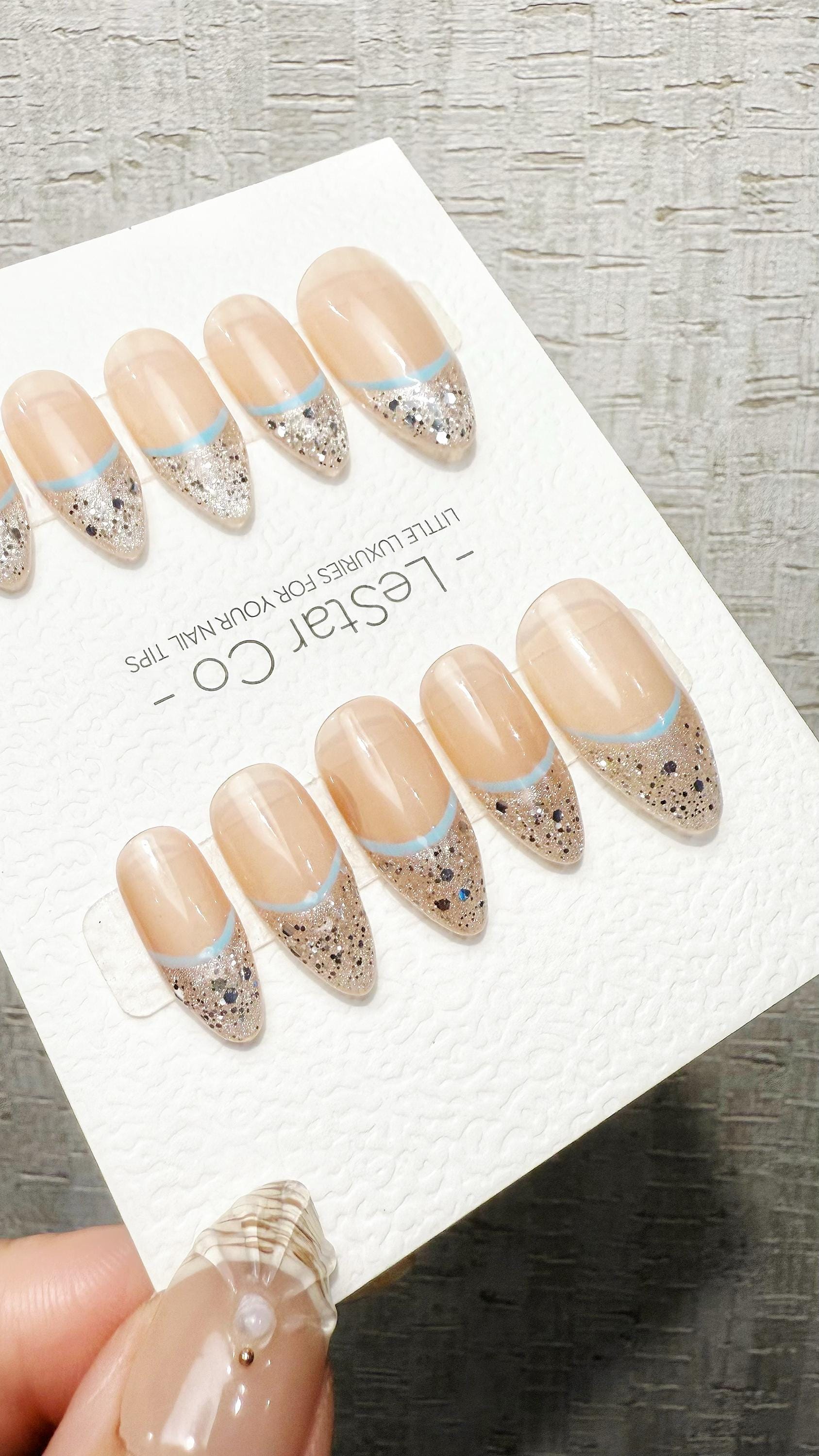 Reusable Glam Ice Peaks Cat Eye Effect French Tip Handmade Press On Nails Gel Fake Nails ML1047