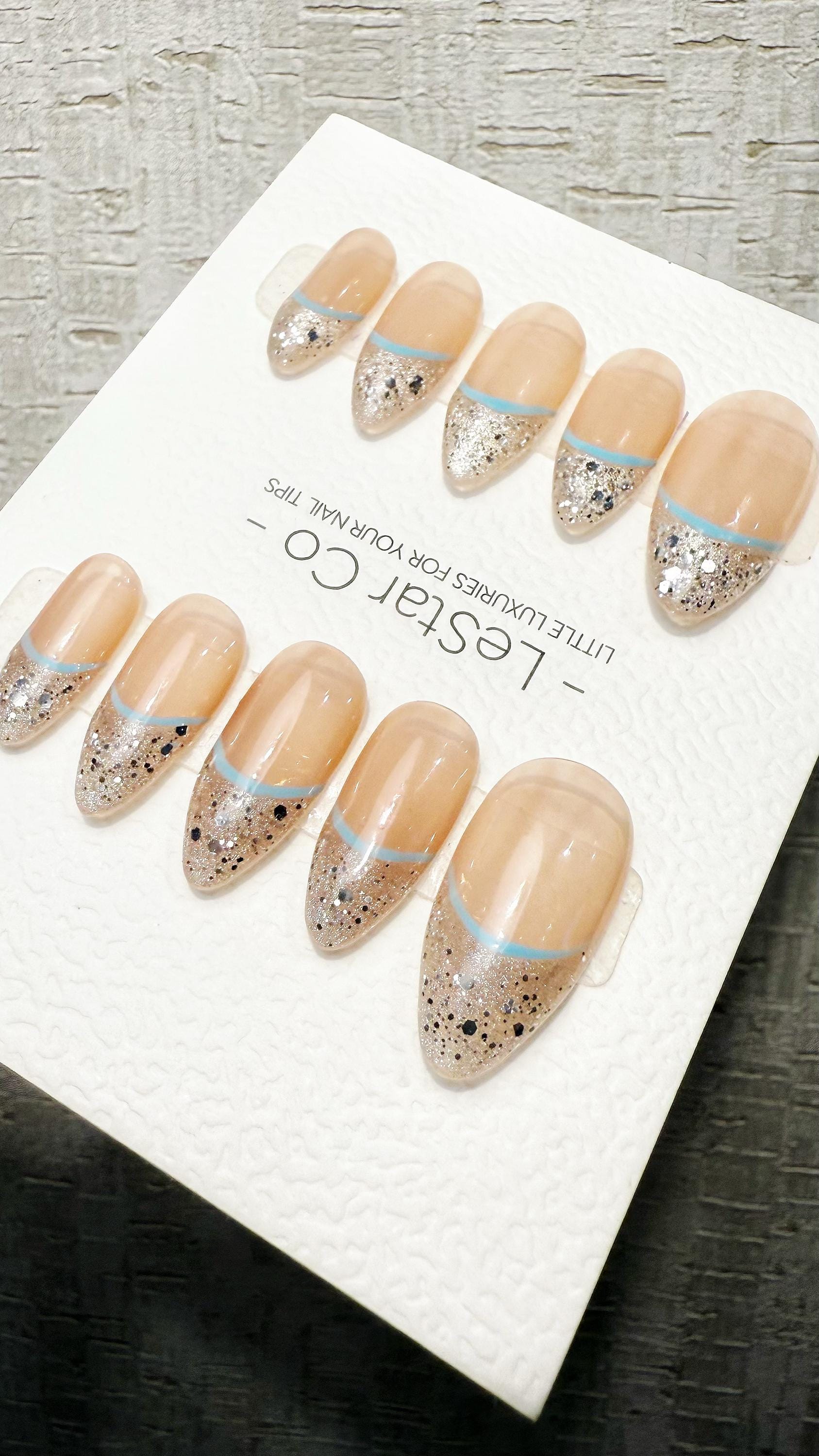 Reusable Glam Ice Peaks Cat Eye Effect French Tip Handmade Press On Nails Gel Fake Nails ML1047