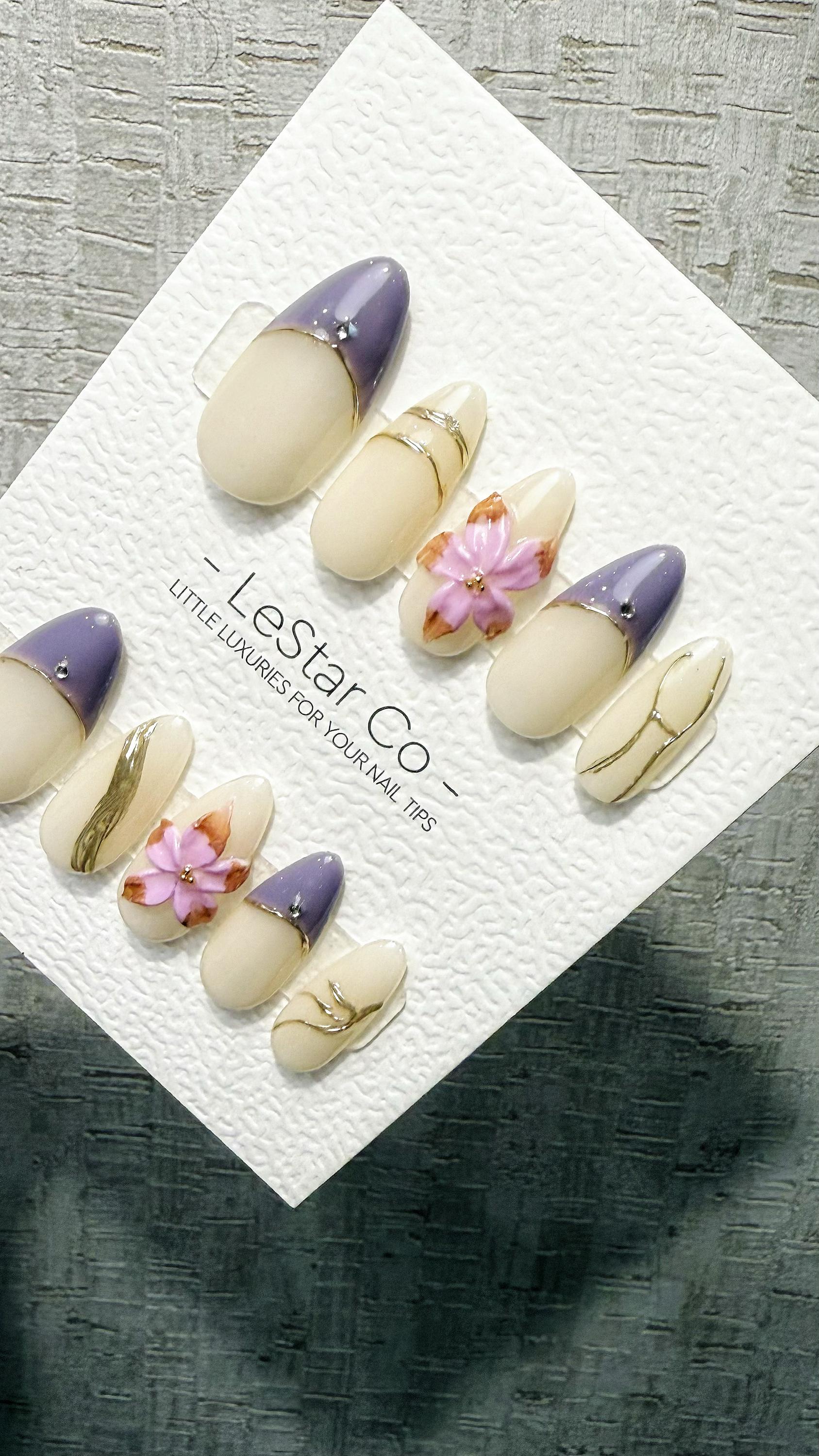 Violet Blossom Elegance 3D Flower French Tip Press On Nails Handmade Reusable Gel Nails ML1048