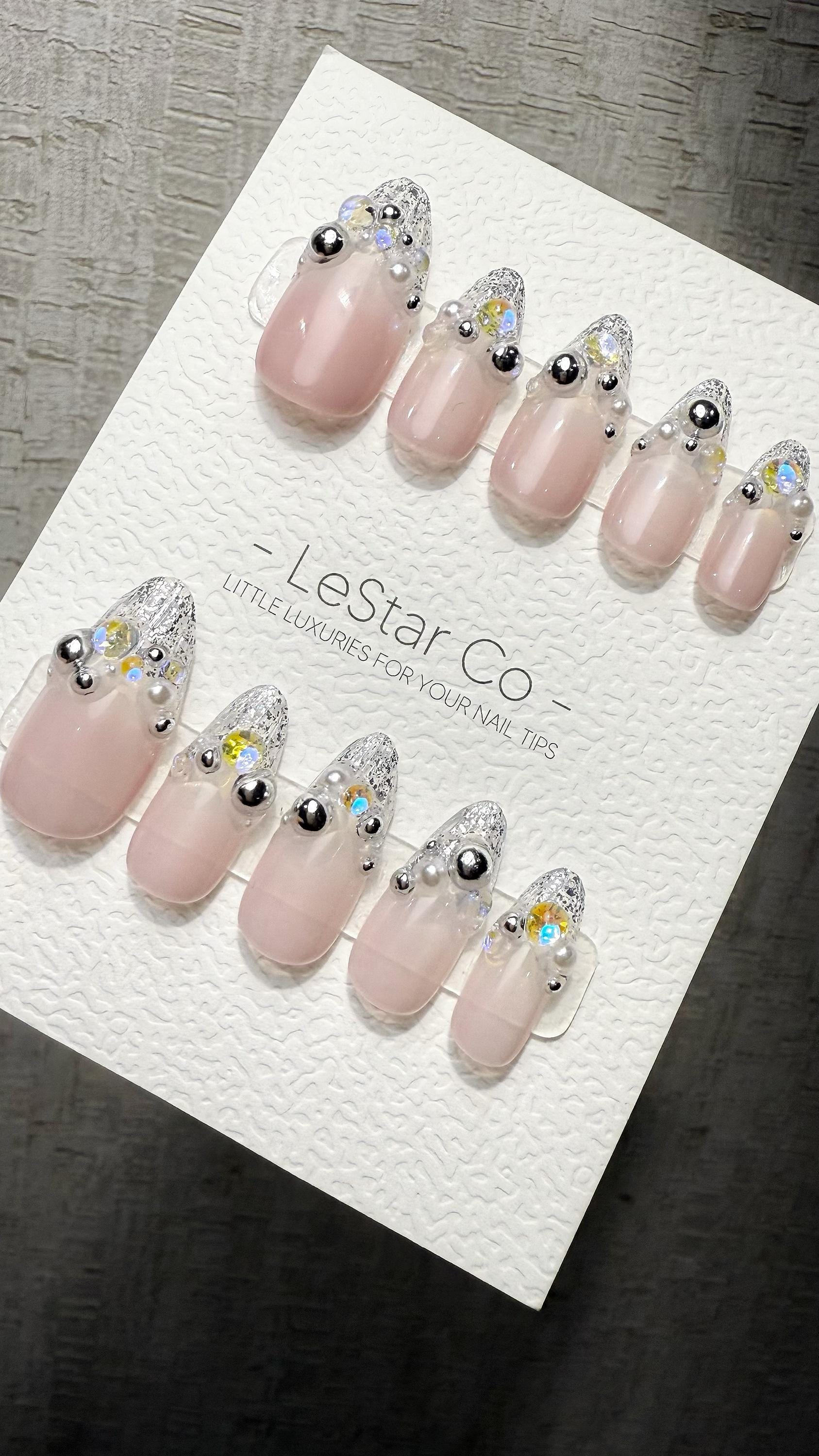 Reusable Starlit Empress French Tip | Premium Handmade Press on Nails Gel | Fake Nails | Cute Fun Colorful Gel Nail Artist faux nails QN1043