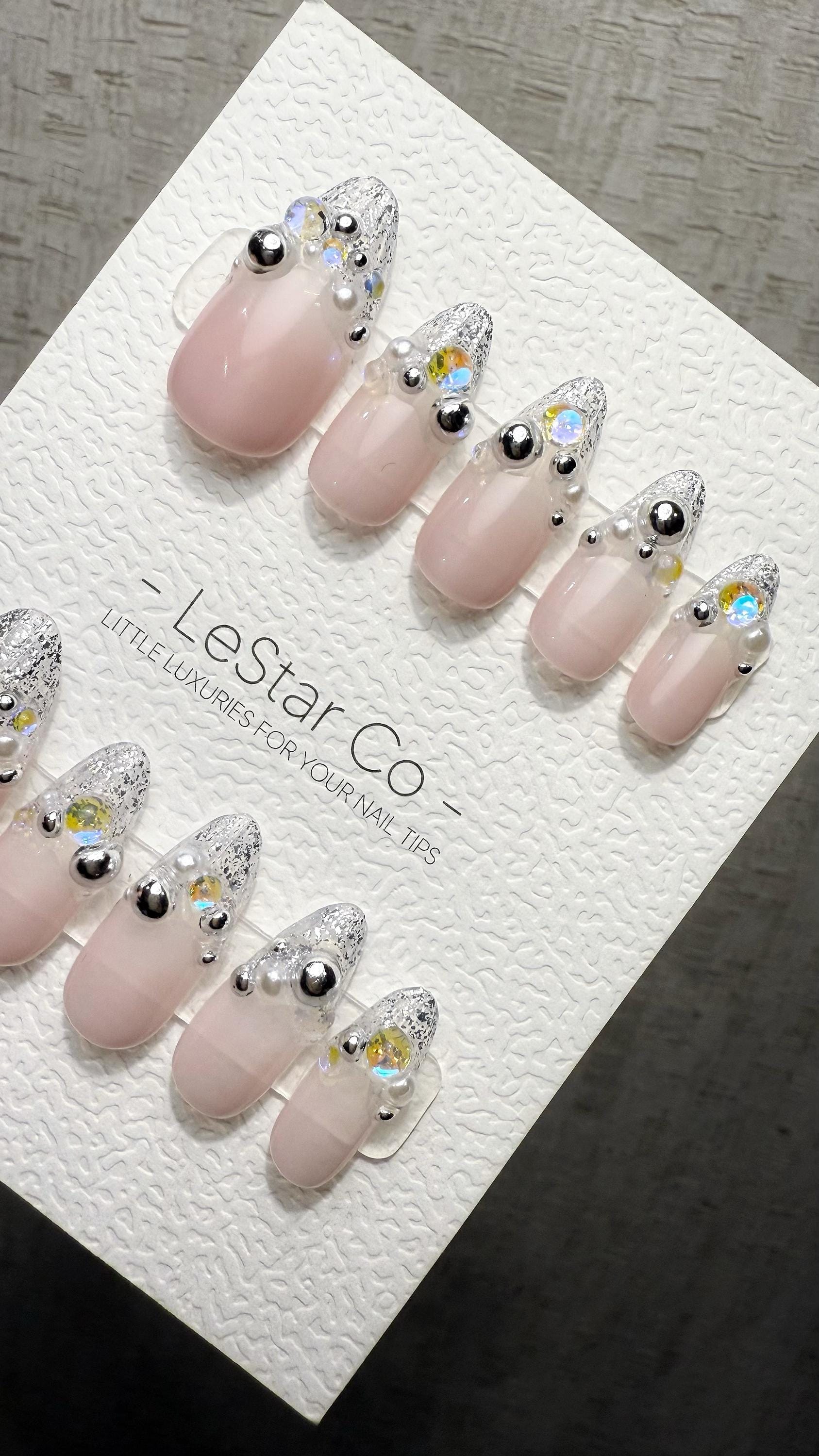 Reusable Starlit Empress French Tip | Premium Handmade Press on Nails Gel | Fake Nails | Cute Fun Colorful Gel Nail Artist faux nails QN1043