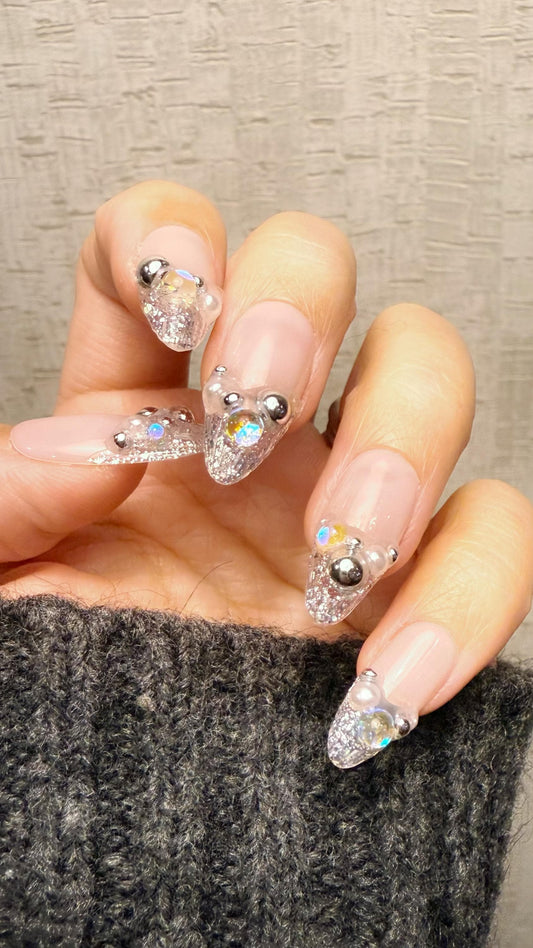 Reusable Starlit Empress French Tip | Premium Handmade Press on Nails Gel | Fake Nails | Cute Fun Colorful Gel Nail Artist faux nails QN1043