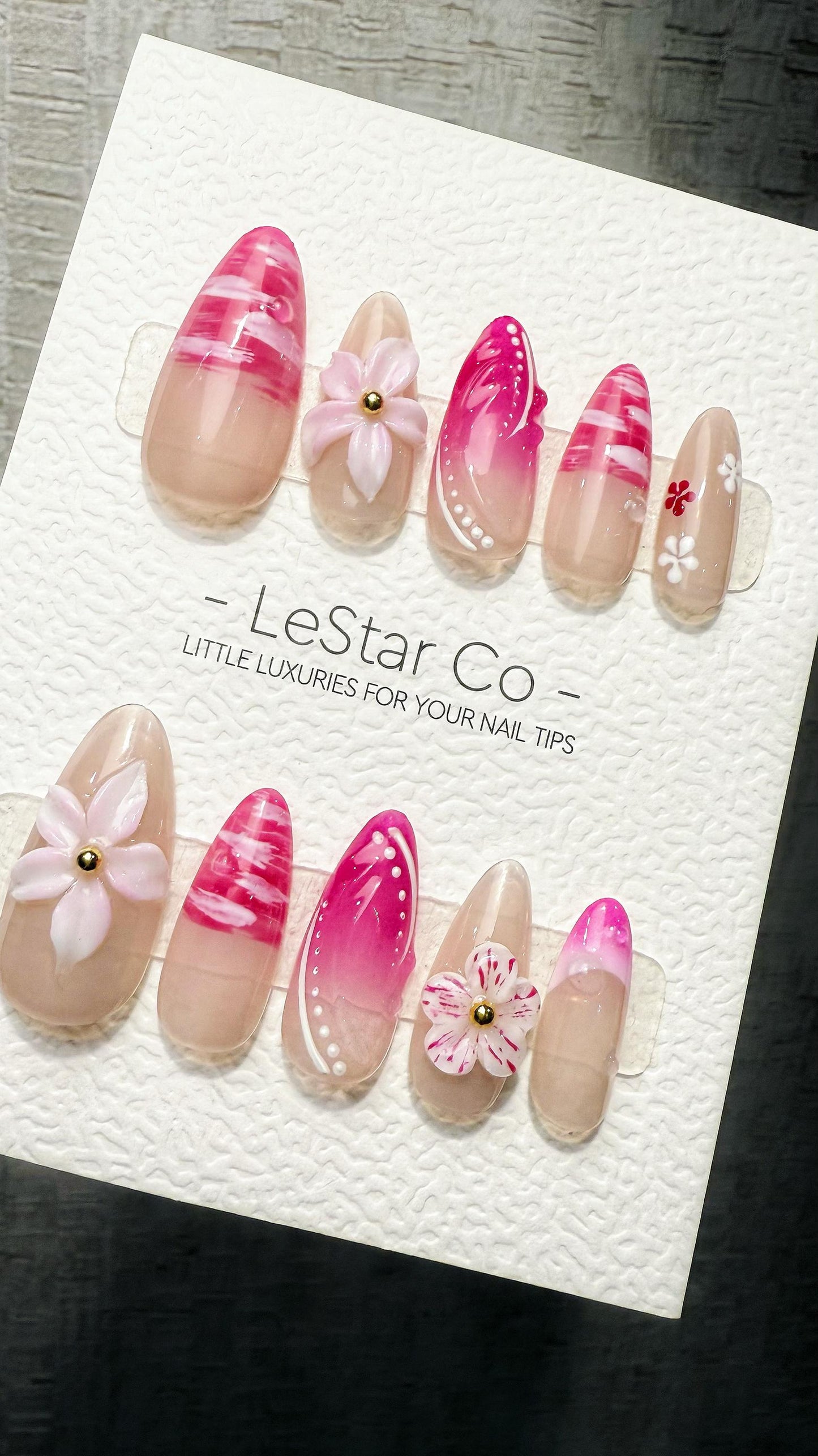 Reusable Blush Blossom Breeze 3D Flower Pink Tip | Premium Handmade Press on Nails Gel | Fake Nails | Cute Pressons Gel faux nails TMR1050
