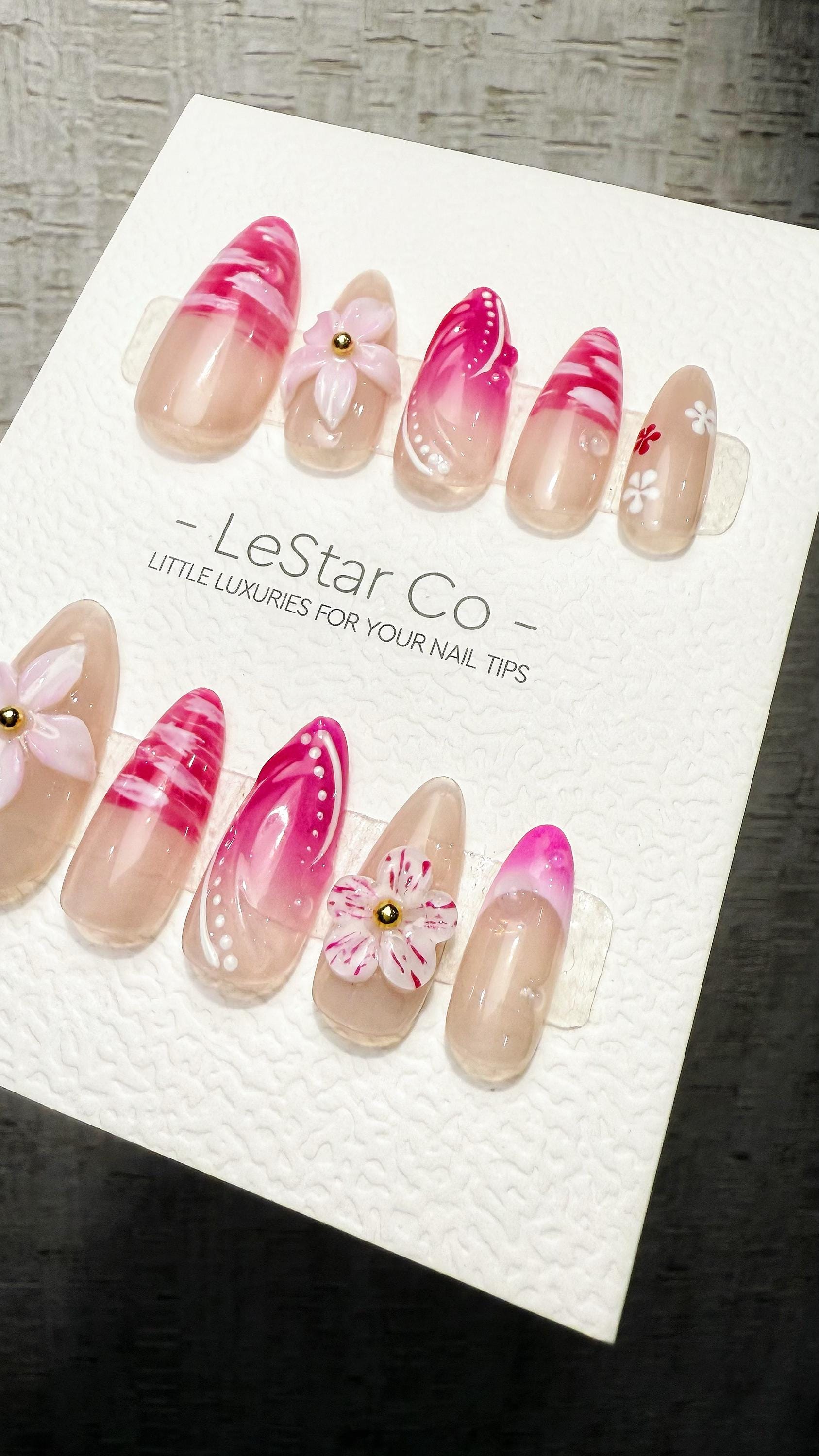 Reusable Blush Blossom Breeze 3D Flower Pink Tip | Premium Handmade Press on Nails Gel | Fake Nails | Cute Pressons Gel faux nails TMR1050