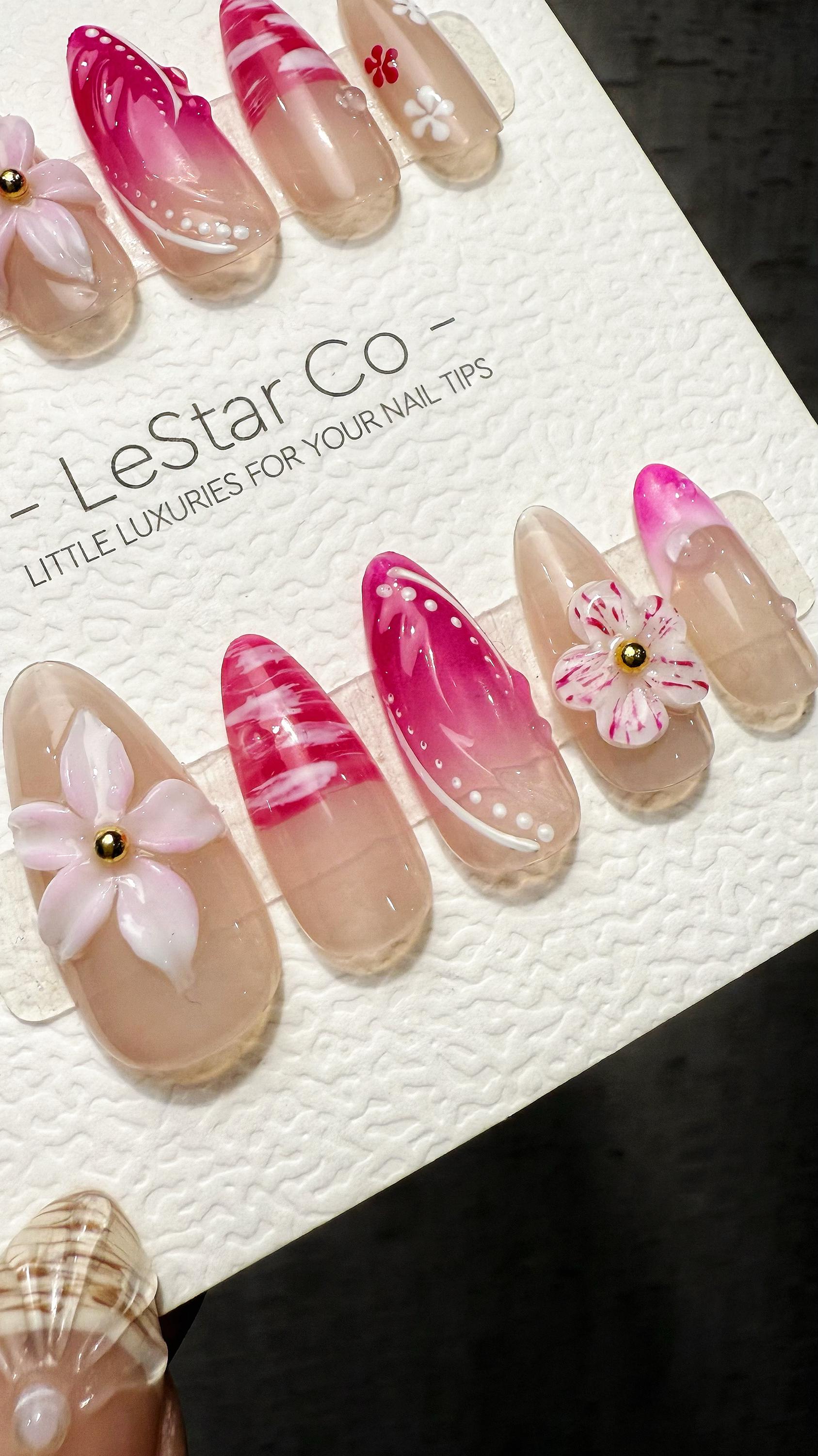 Reusable Blush Blossom Breeze 3D Flower Pink Tip | Premium Handmade Press on Nails Gel | Fake Nails | Cute Pressons Gel faux nails TMR1050