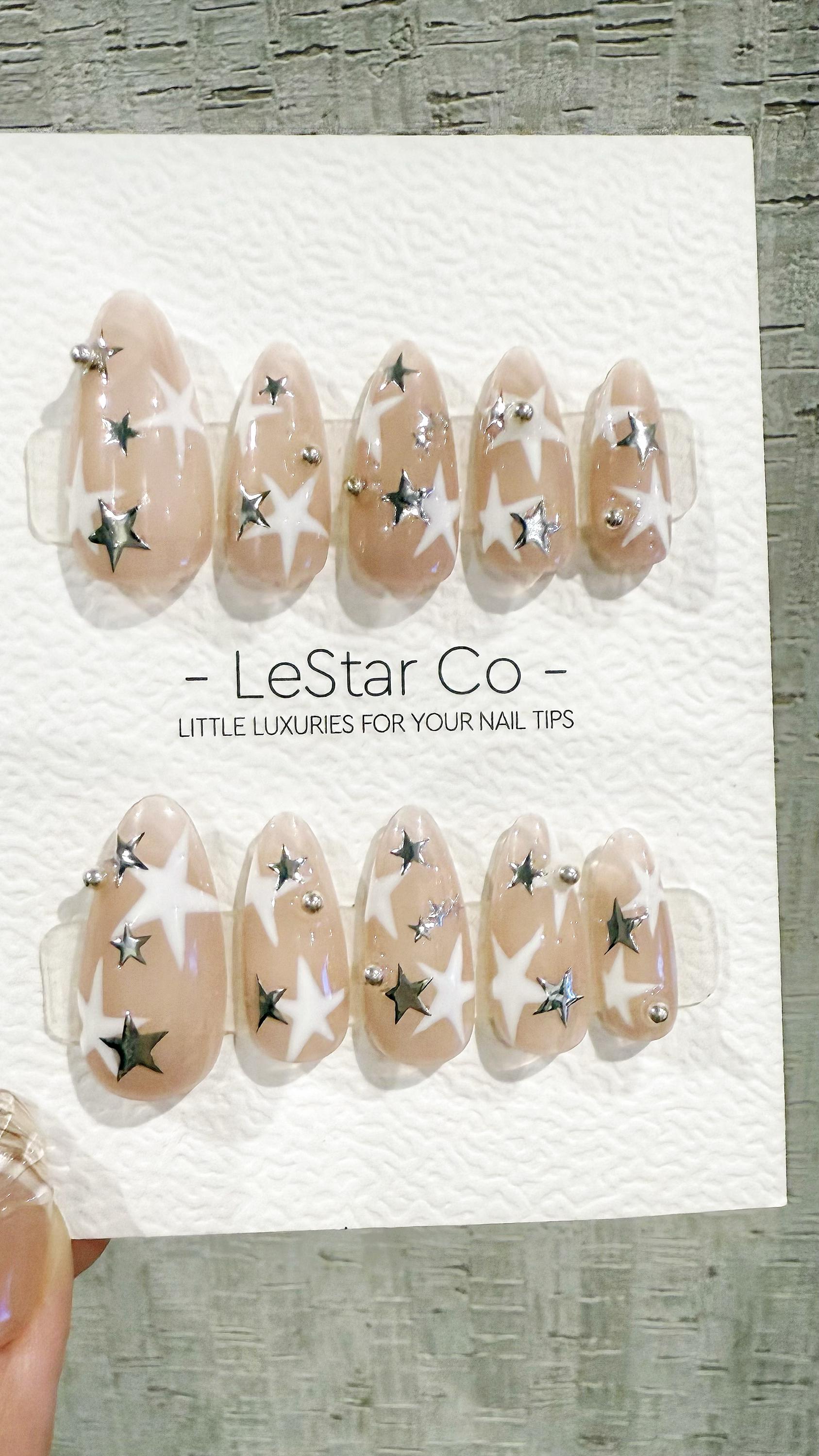 Reusable Starlit Illusion Silver Star| Premium Handmade Press on Nails Gel | Fake Nails | Cute Pressons Gel Nail Artist faux nails TMR1051