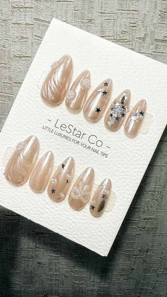 Reusable Celestial Pearls| Premium Handmade Press on Nails Gel | Fake Nails | Cute Pressons Gel Nail Artist faux nails TMR1053