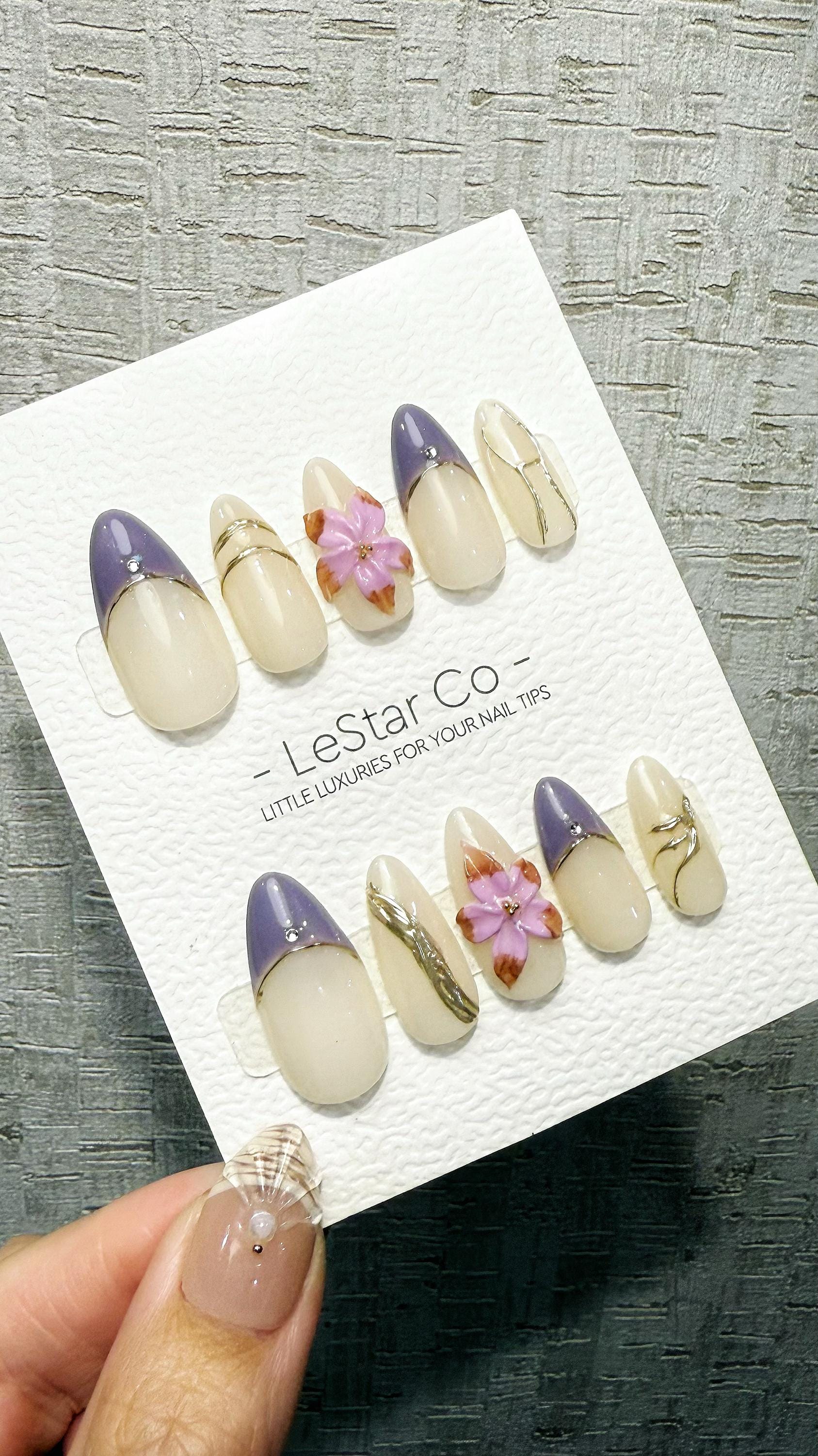 Violet Blossom Elegance 3D Flower French Tip Press On Nails Handmade Reusable Gel Nails ML1048