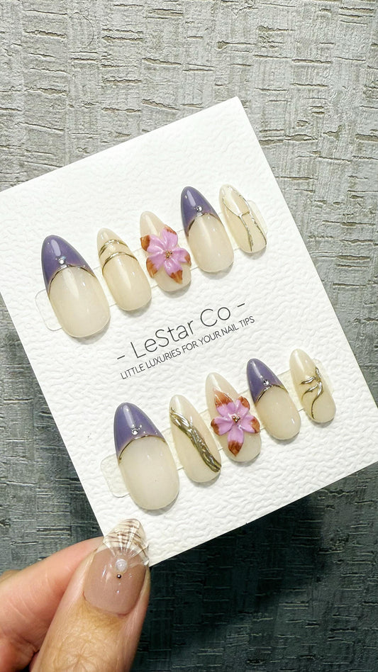Violet Blossom Elegance 3D Flower French Tip Press On Nails Handmade Reusable Gel Nails ML1048
