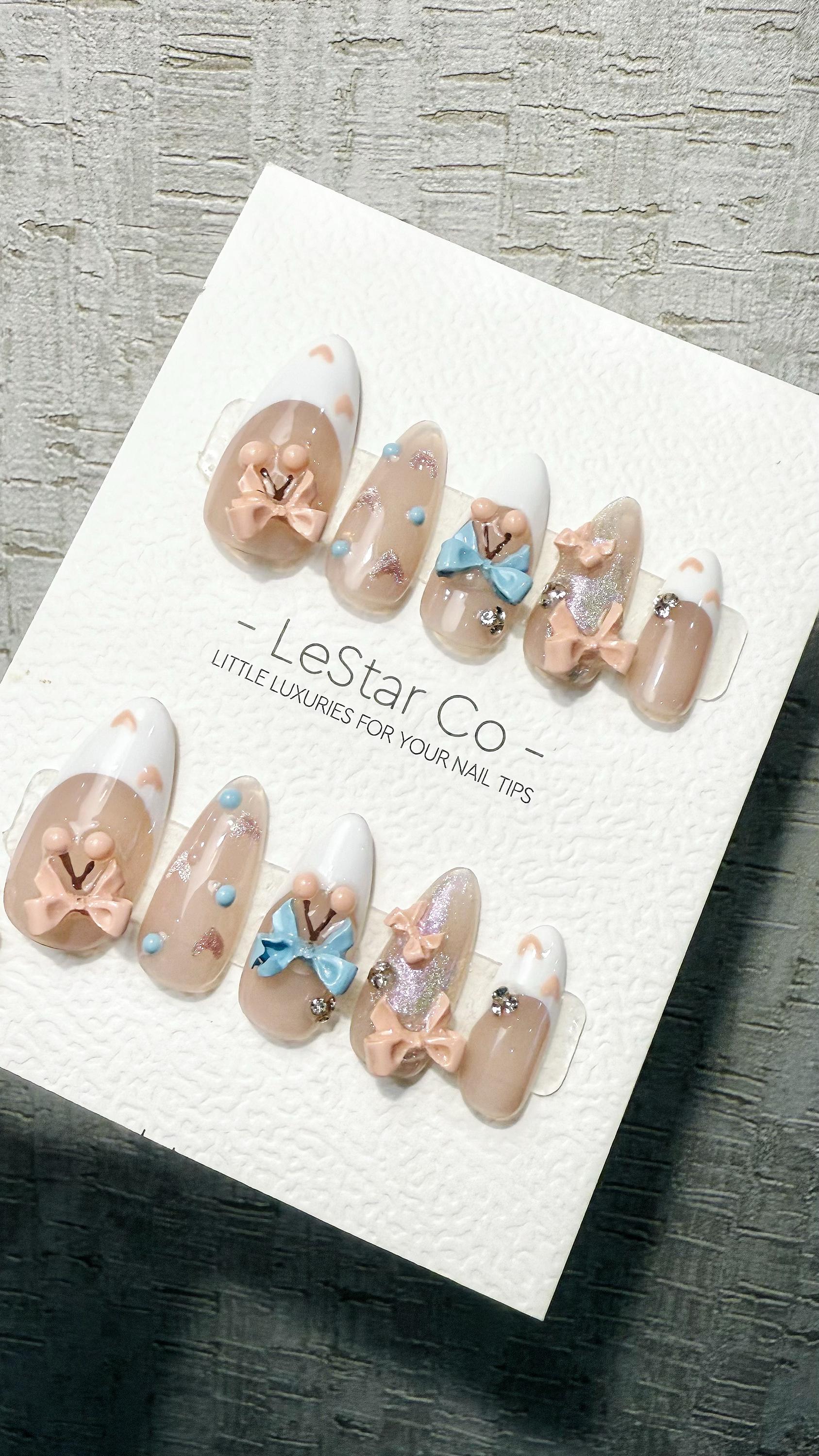 Sweet Candy Garden 3D Ribbon French Tip Press On Nails Handmade Reusable Gel Nails ML1049