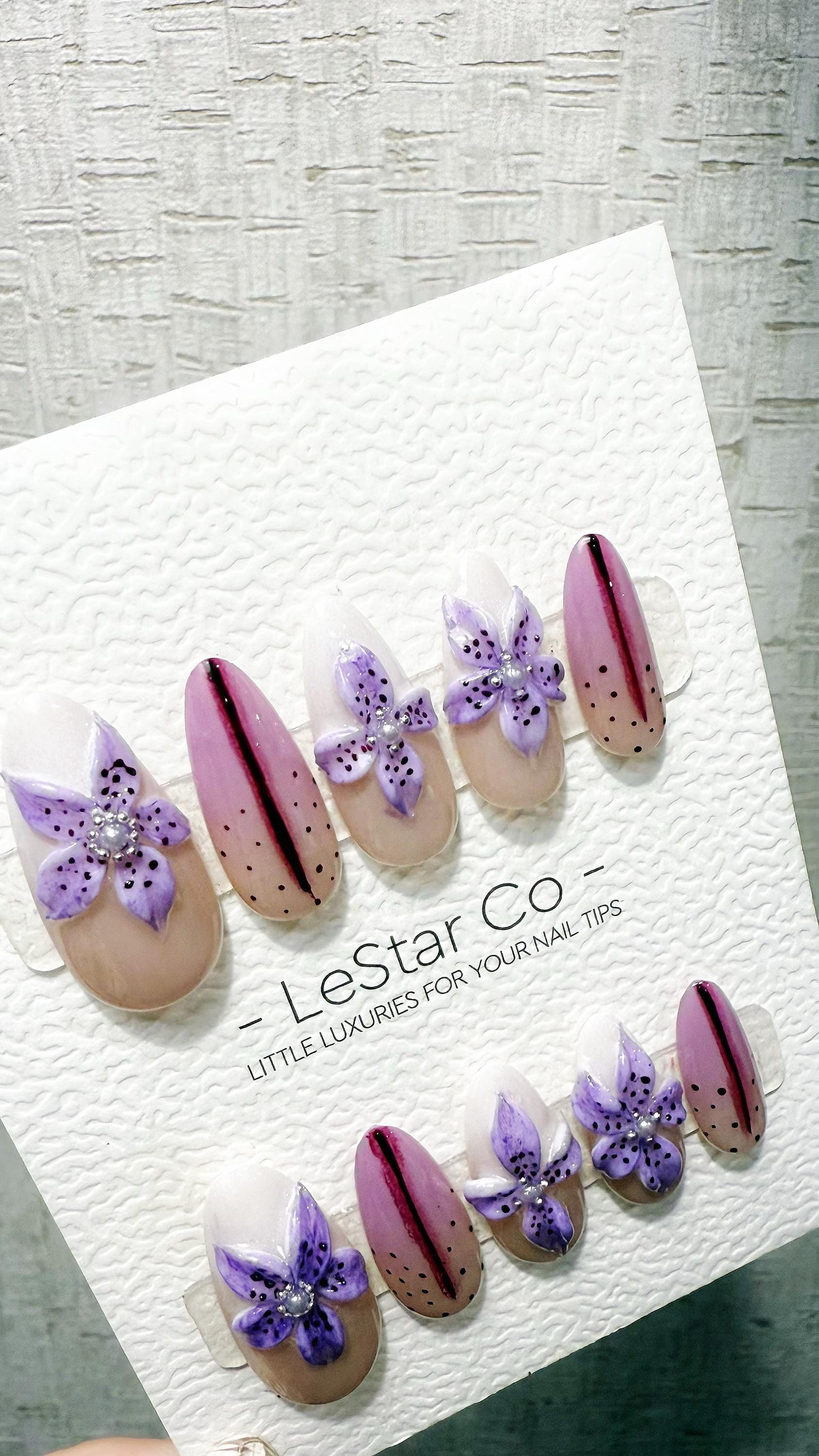 Amethyst Bloom 3D Flower French Tip Press On Nails Handmade Reusable Gel Nails ML1046