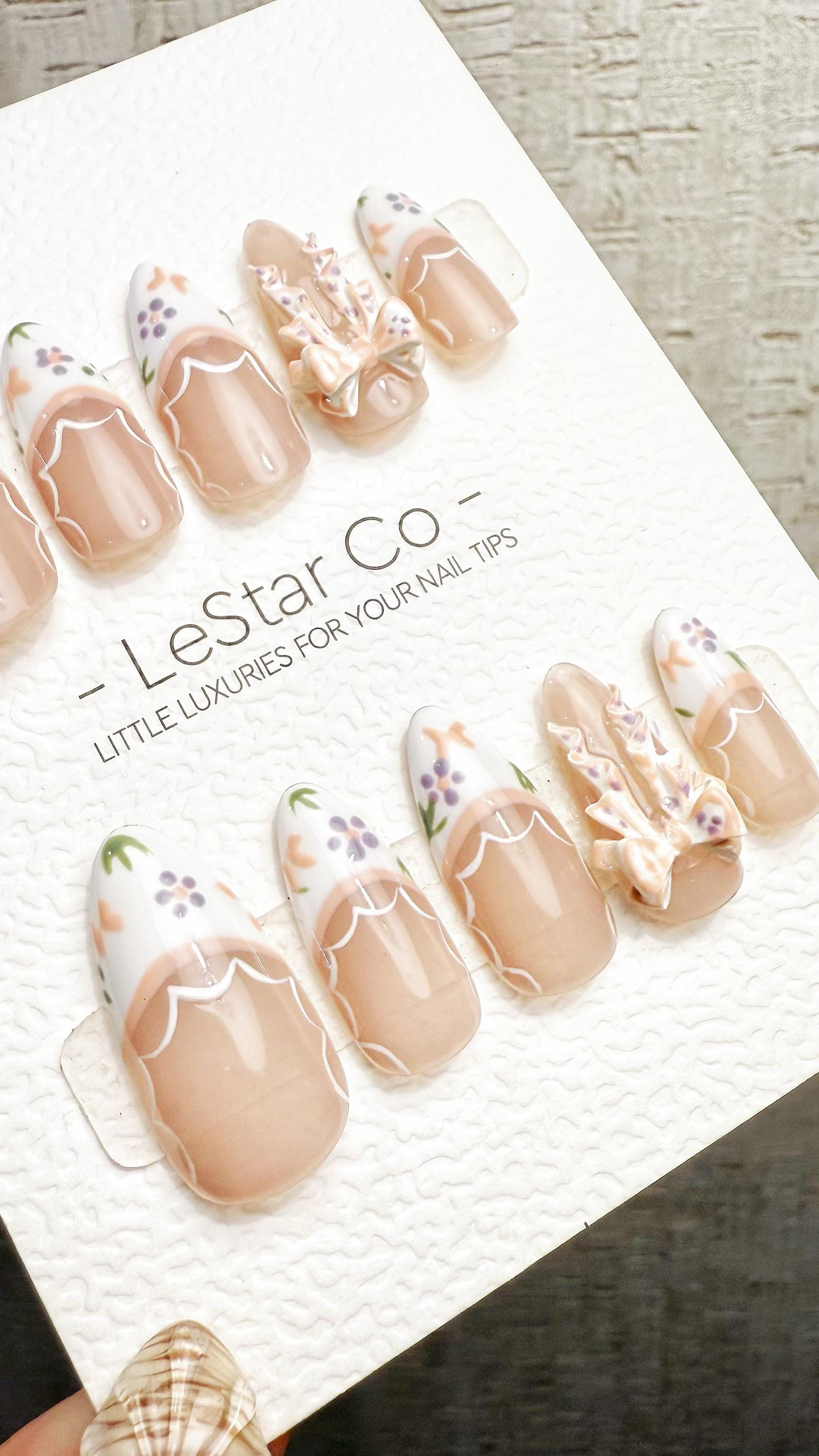 Reusable Porcelain Garden 3D Ribbon Lace French Tip| Premium Handmade Press on Nails Gel | Fake Nails | Pressons Gel Nail Artist faux nails