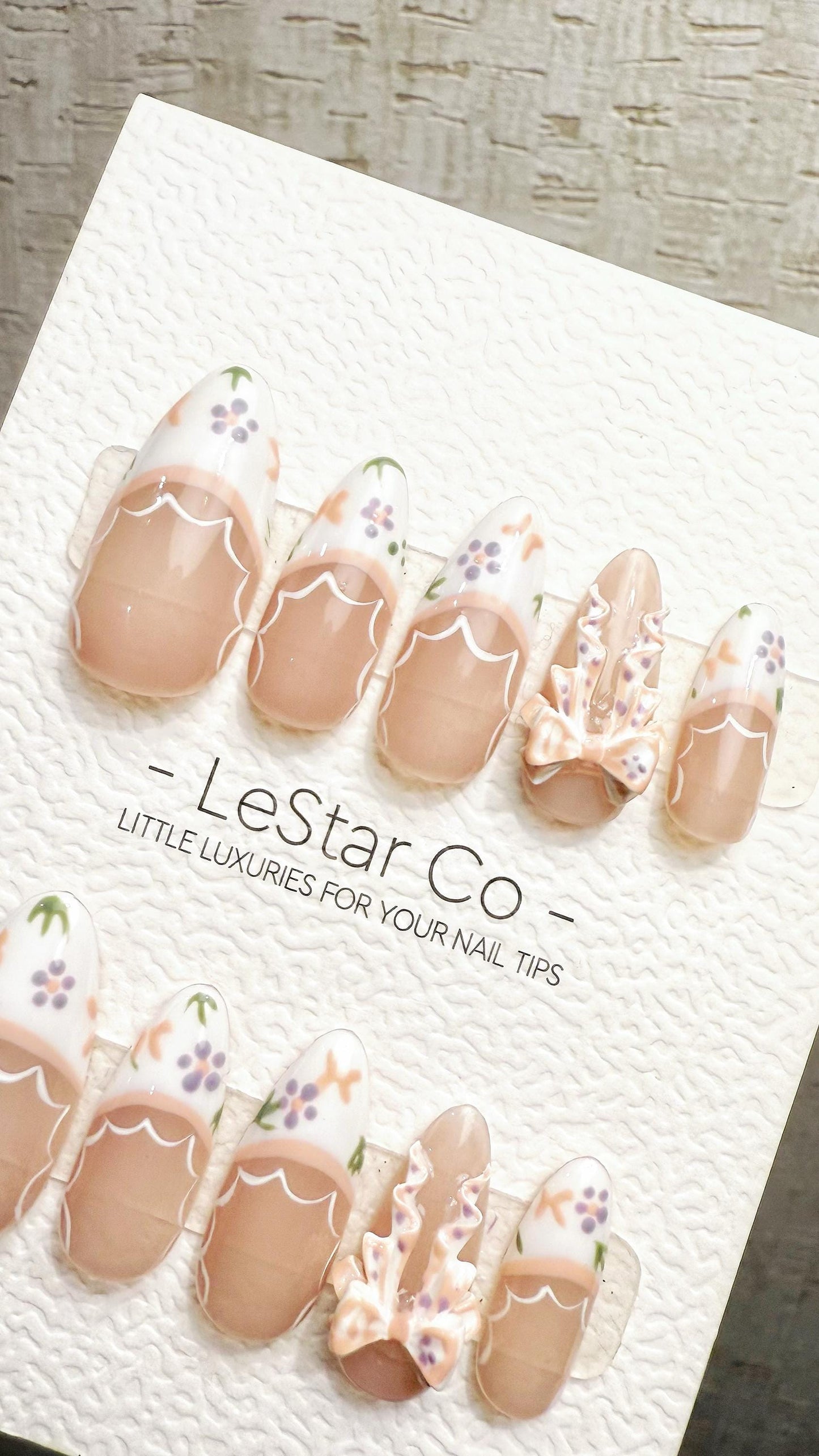 Reusable Porcelain Garden 3D Ribbon Lace French Tip| Premium Handmade Press on Nails Gel | Fake Nails | Pressons Gel Nail Artist faux nails