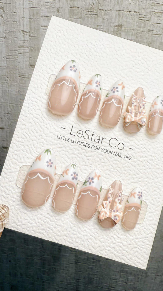 Reusable Porcelain Garden 3D Ribbon Lace French Tip| Premium Handmade Press on Nails Gel | Fake Nails | Pressons Gel Nail Artist faux nails