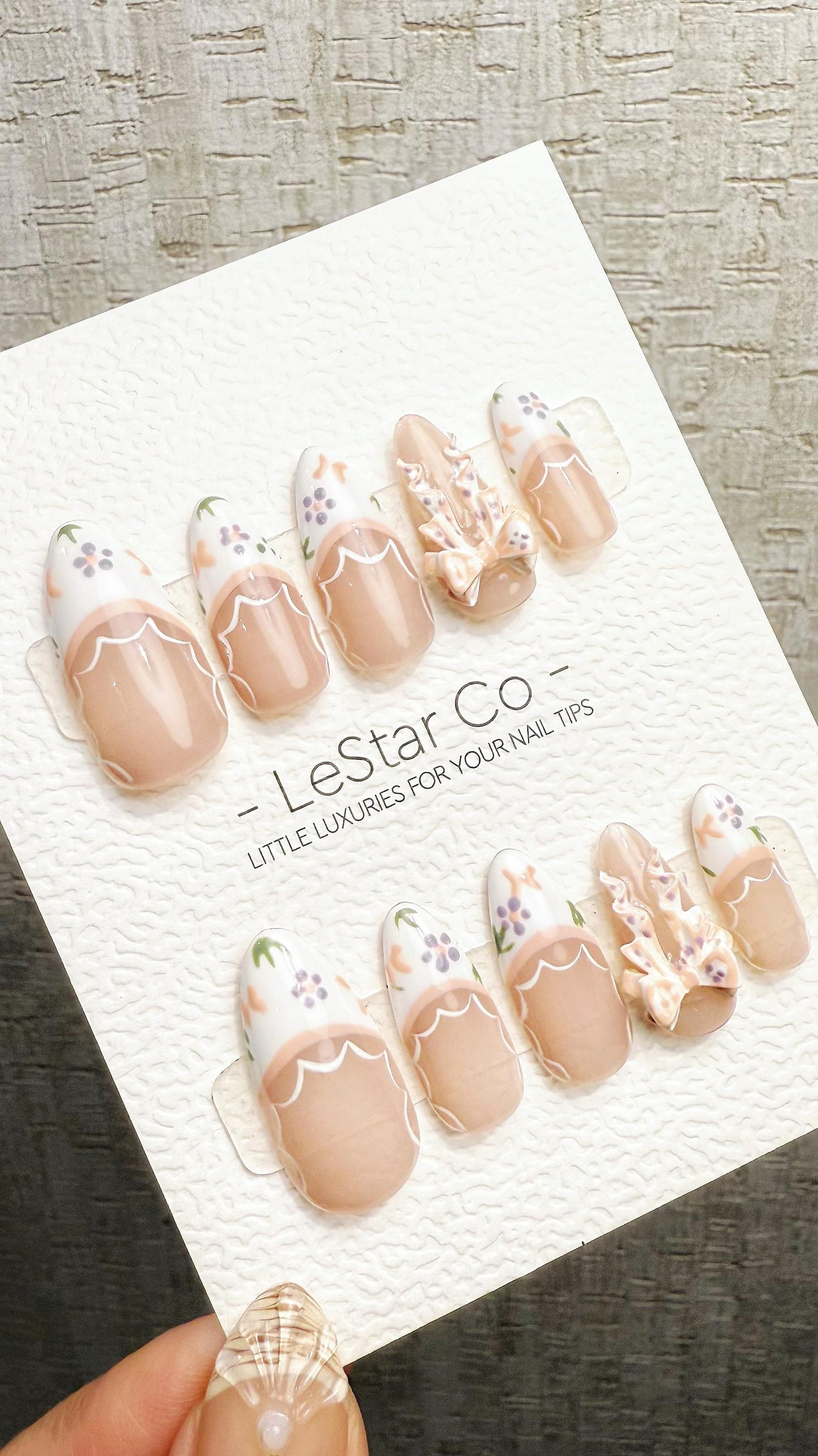 Reusable Porcelain Garden 3D Ribbon Lace French Tip| Premium Handmade Press on Nails Gel | Fake Nails | Pressons Gel Nail Artist faux nails