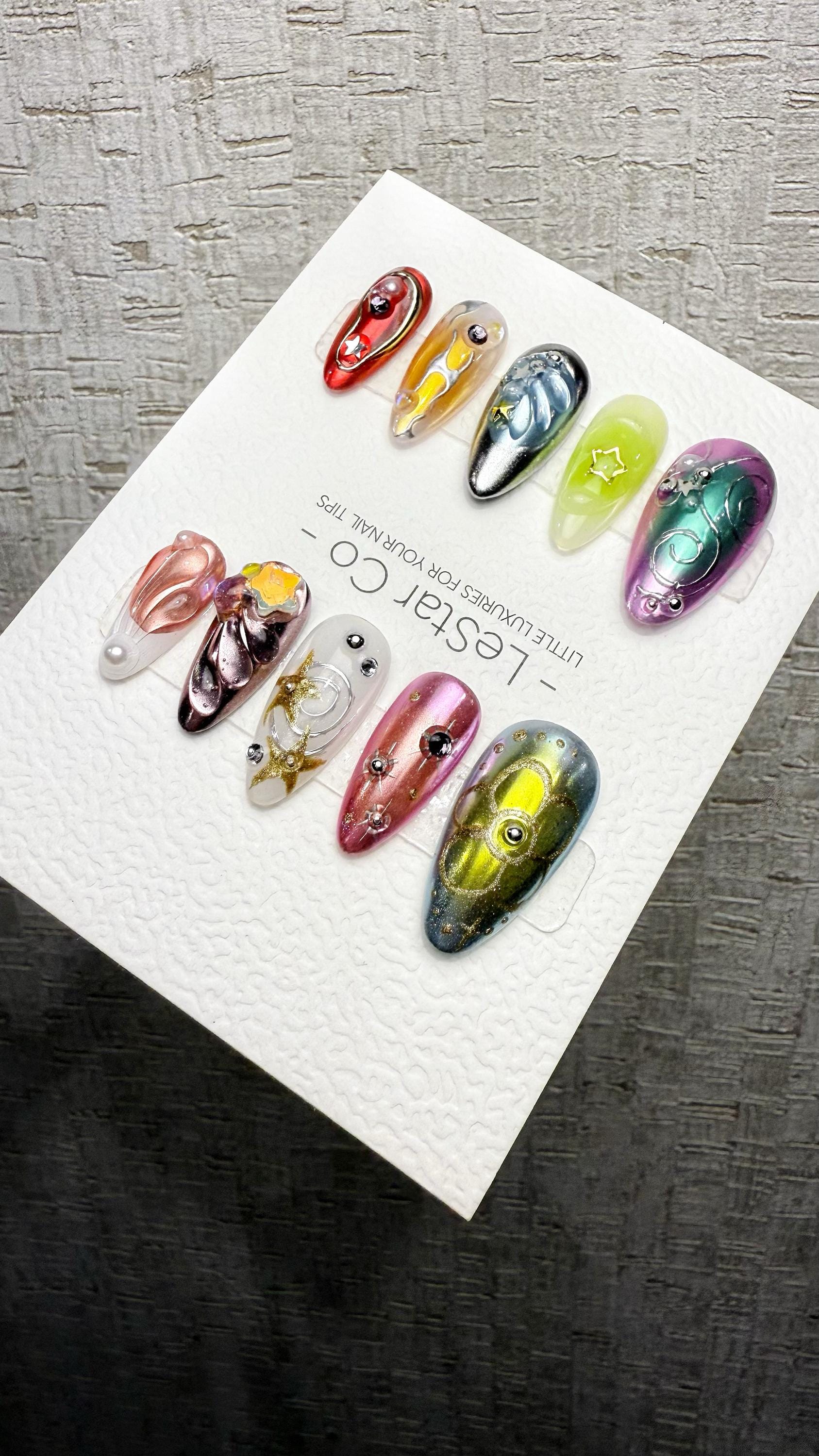 Reusable Celestial Symphony | Premium Handmade Press on Nails Gel | Fake Nails | Cute Pressons Gel Nail Artist faux nails QN1057