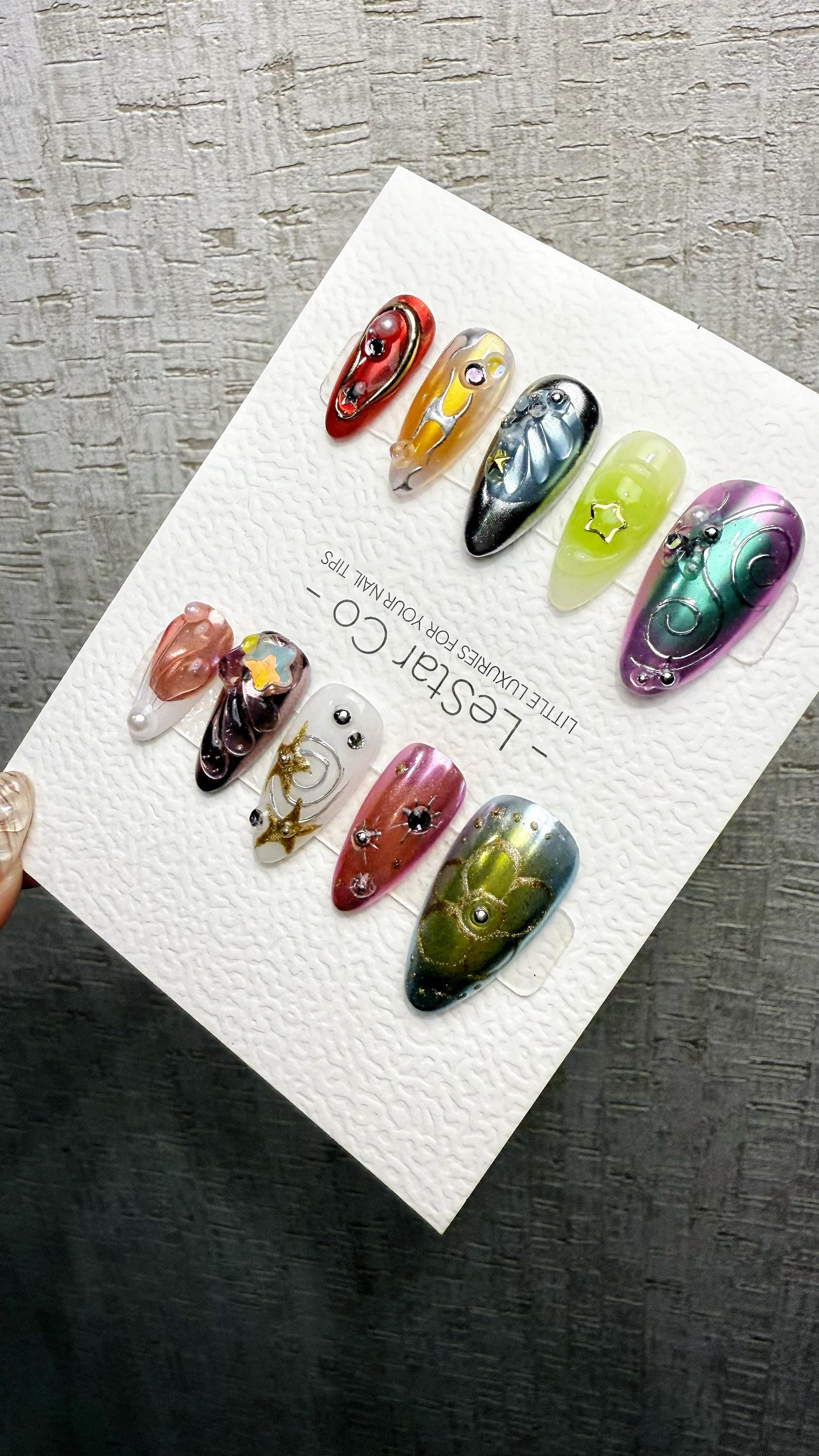 Reusable Celestial Symphony | Premium Handmade Press on Nails Gel | Fake Nails | Cute Pressons Gel Nail Artist faux nails QN1057
