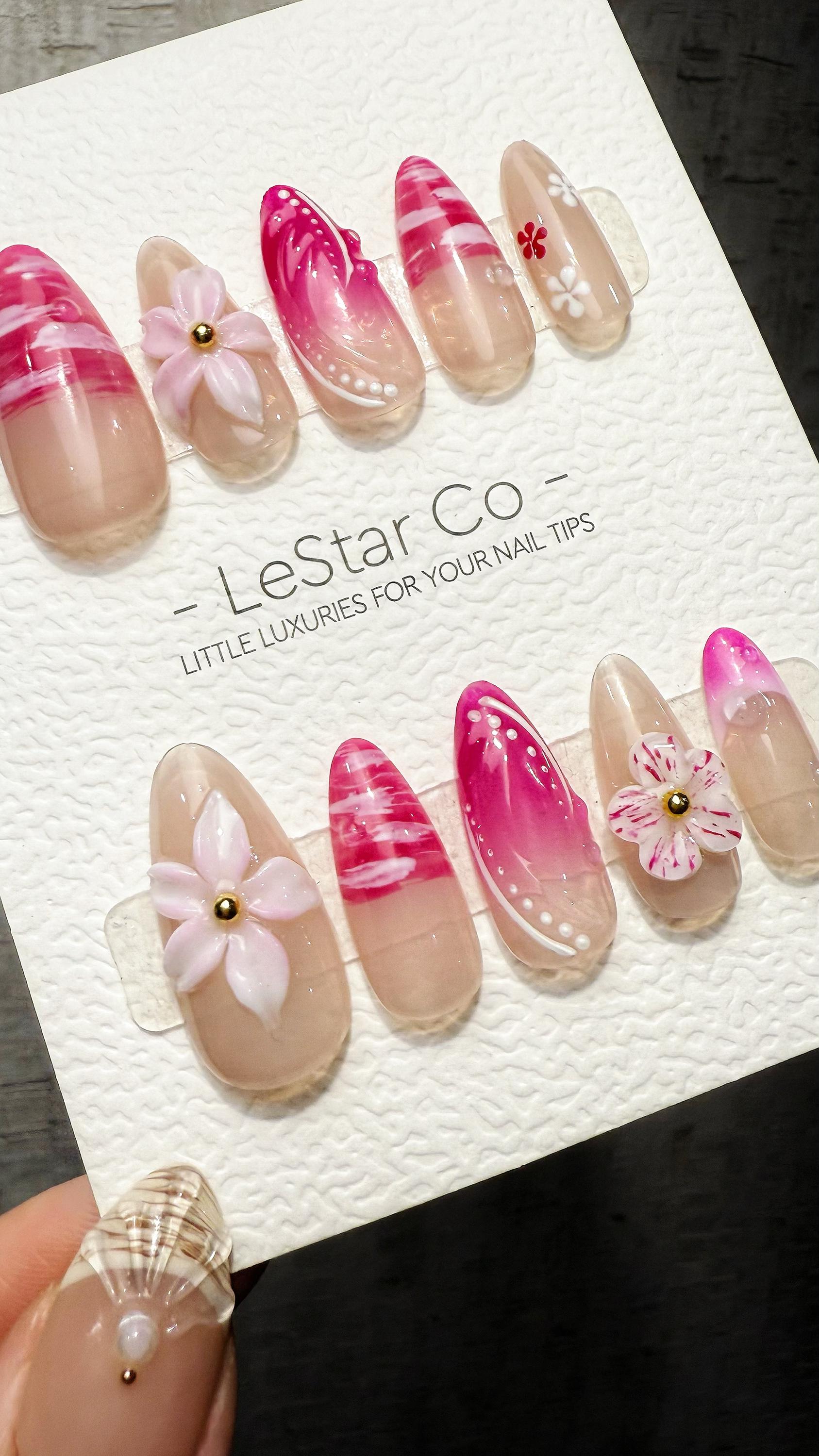 Reusable Blush Blossom Breeze 3D Flower Pink Tip | Premium Handmade Press on Nails Gel | Fake Nails | Cute Pressons Gel faux nails TMR1050