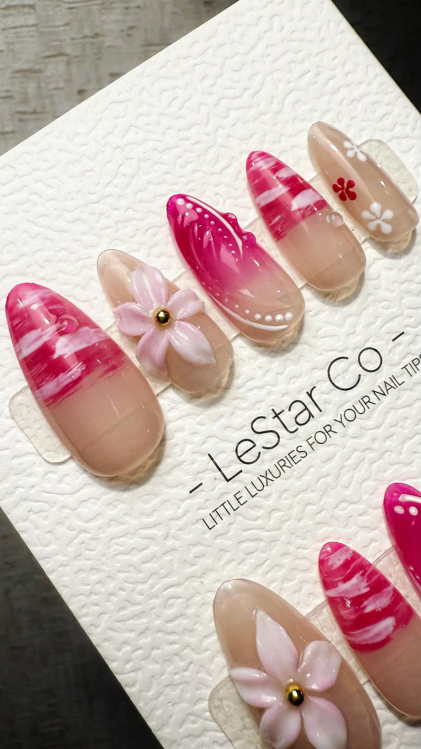 Reusable Blush Blossom Breeze 3D Flower Pink Tip | Premium Handmade Press on Nails Gel | Fake Nails | Cute Pressons Gel faux nails TMR1050