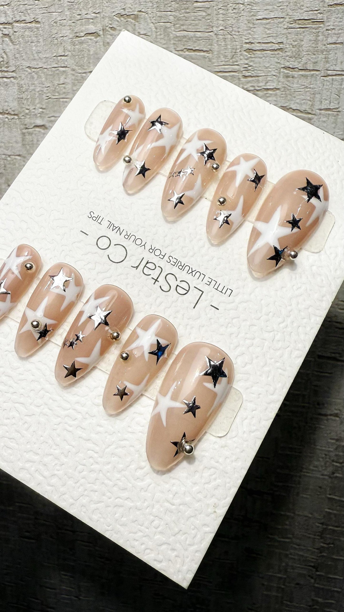 Reusable Starlit Illusion Silver Star| Premium Handmade Press on Nails Gel | Fake Nails | Cute Pressons Gel Nail Artist faux nails TMR1051