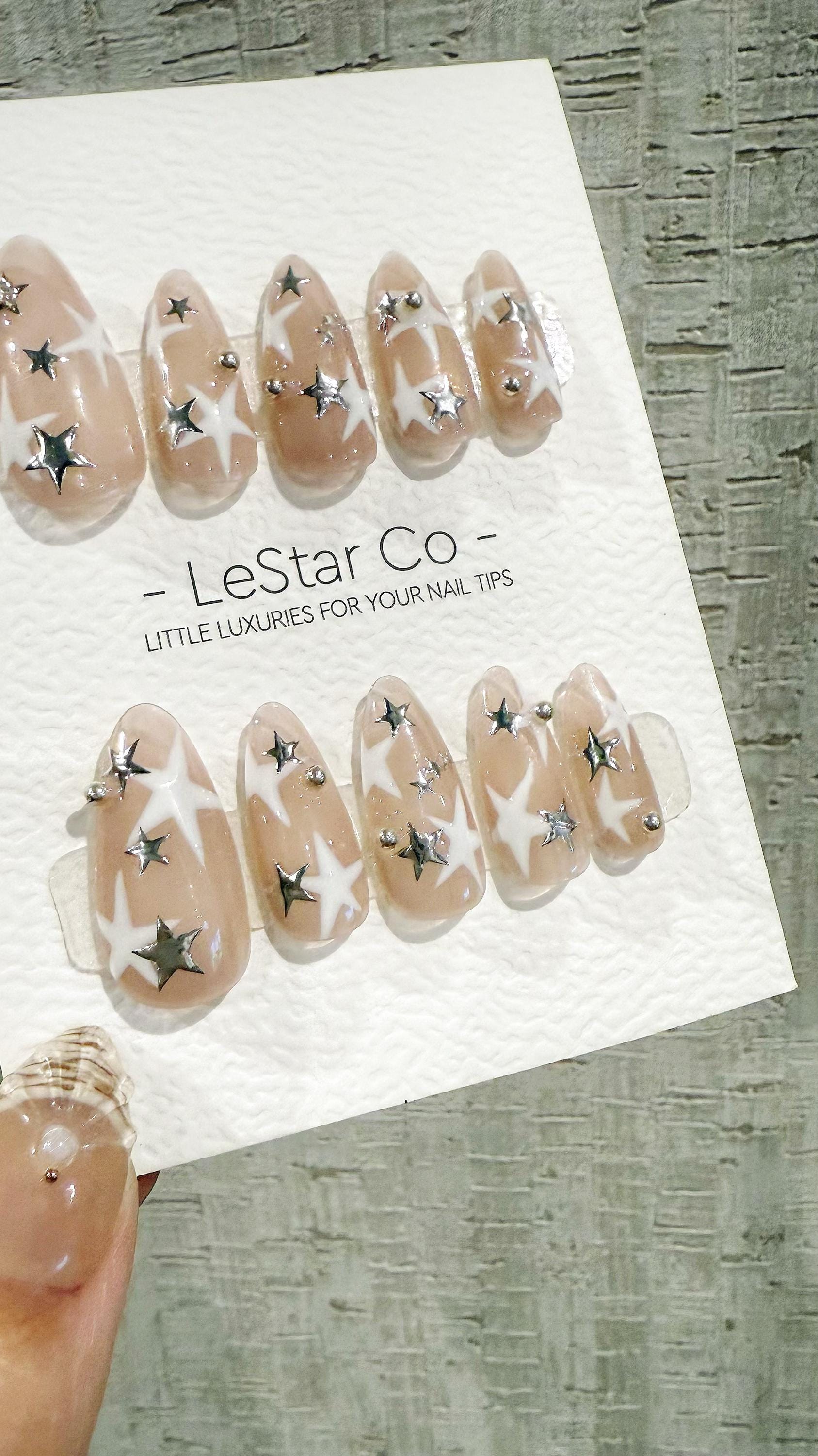 Reusable Starlit Illusion Silver Star| Premium Handmade Press on Nails Gel | Fake Nails | Cute Pressons Gel Nail Artist faux nails TMR1051