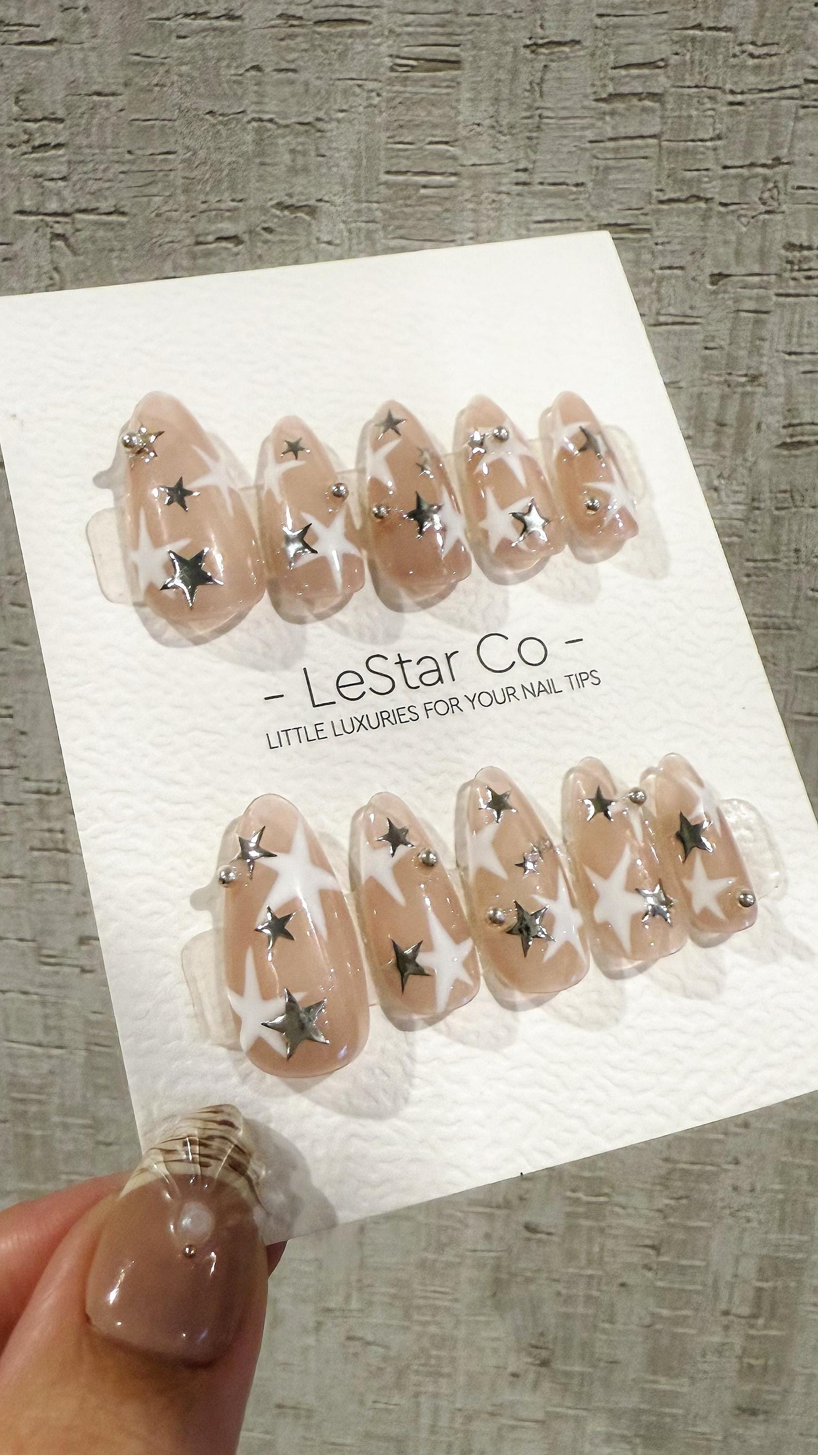 Reusable Starlit Illusion Silver Star| Premium Handmade Press on Nails Gel | Fake Nails | Cute Pressons Gel Nail Artist faux nails TMR1051