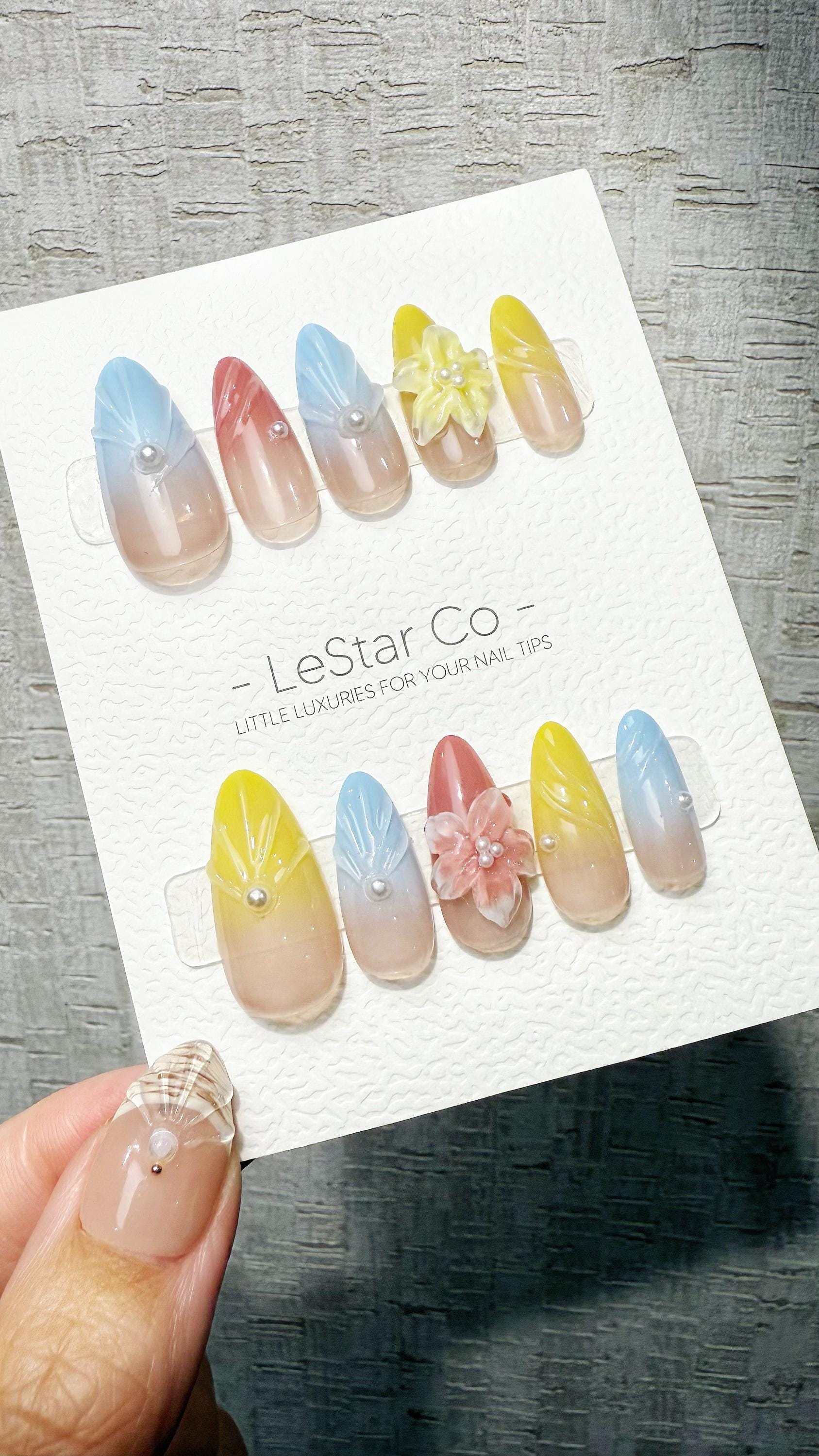 Reusable Pastel Petals 3D Flower Pink Tip | Premium Handmade Press on Nails Gel | Fake Nails | Cute Pressons Gel faux nails TMR1052